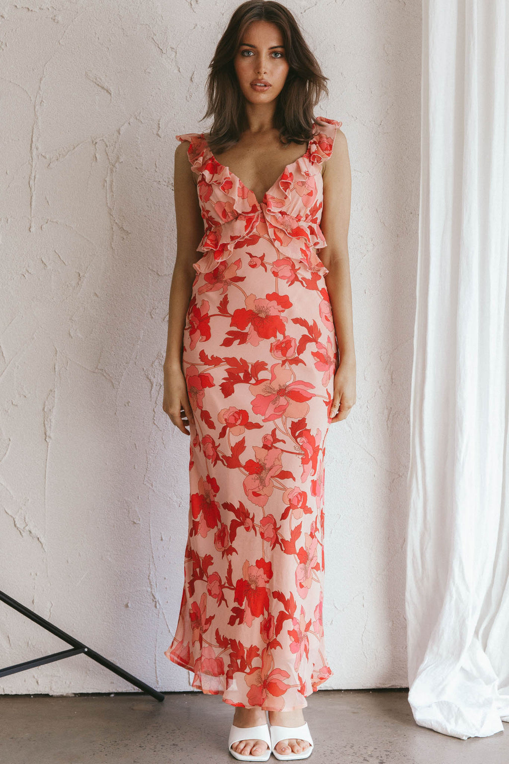 Second Chances Ruffle Trim Midi Dress Floral Pink by Selfie Leslie