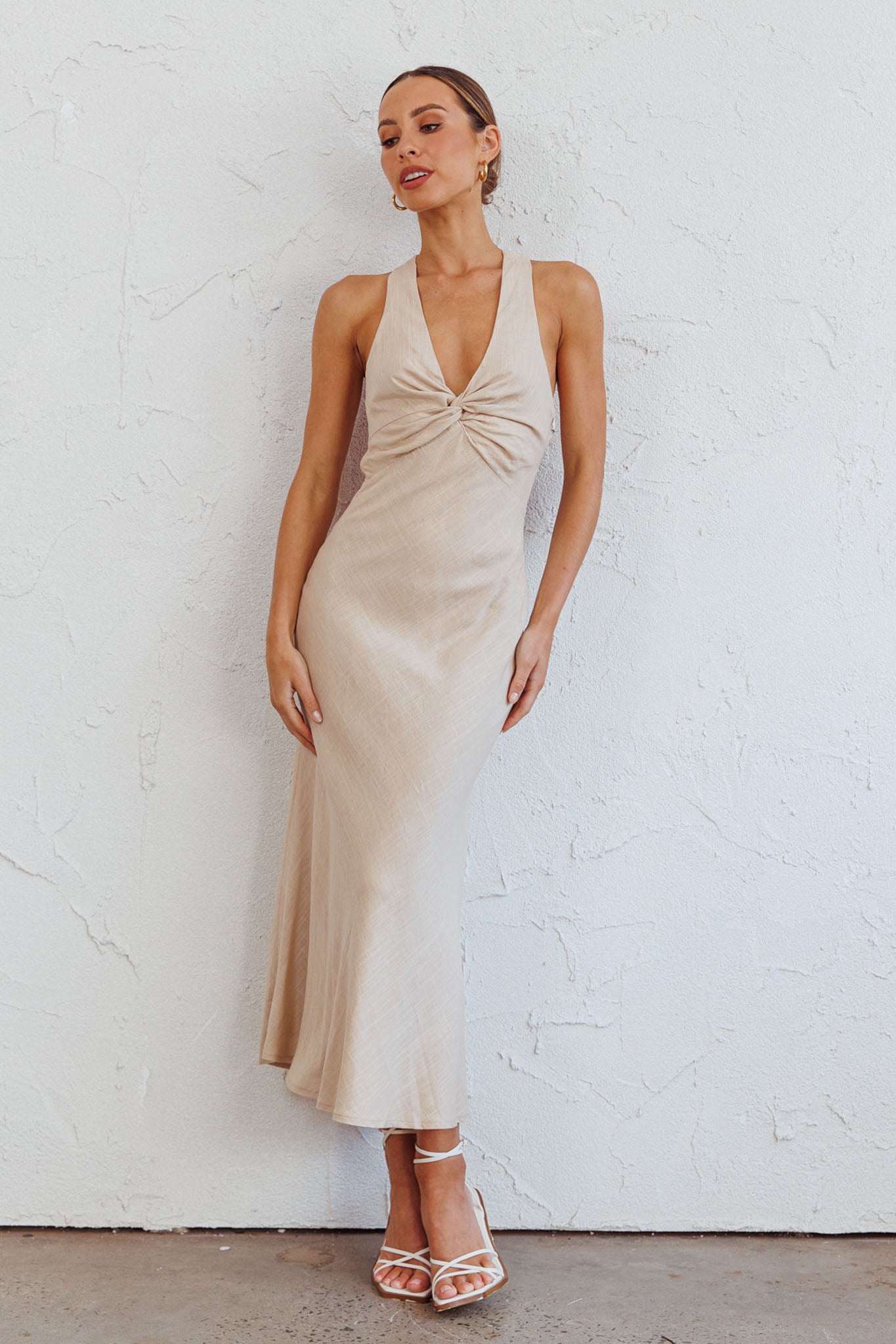 Coastal Charm Twist Back Maxi Dress Oat by Selfie Leslie