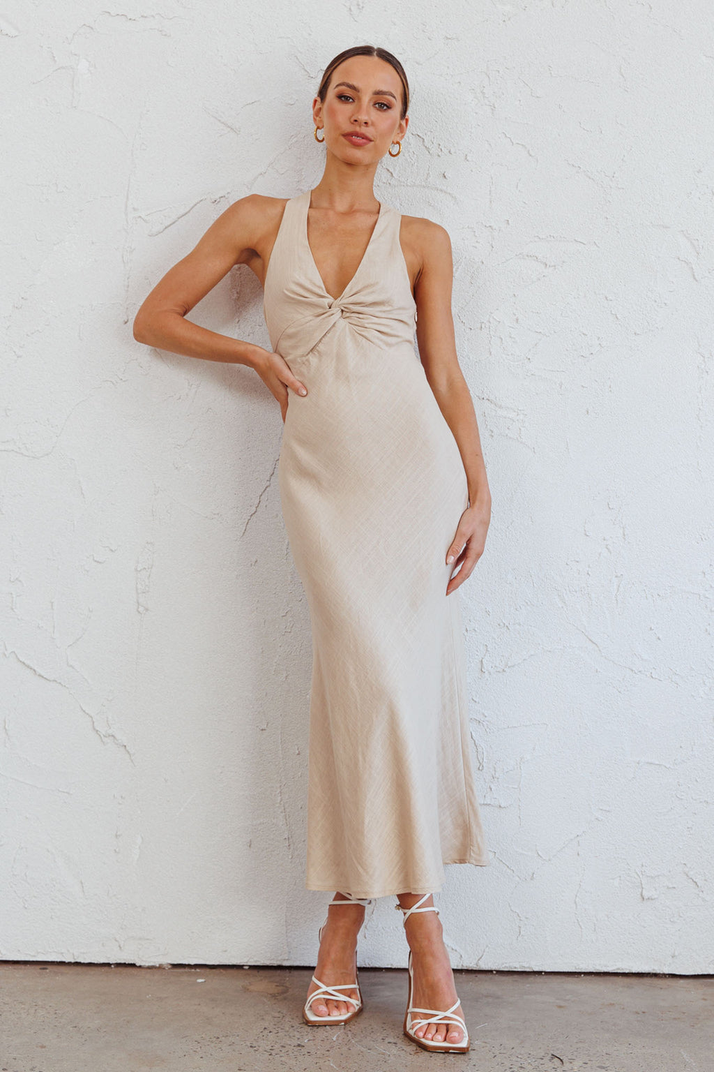 Coastal Charm Twist Back Maxi Dress Oat by Selfie Leslie