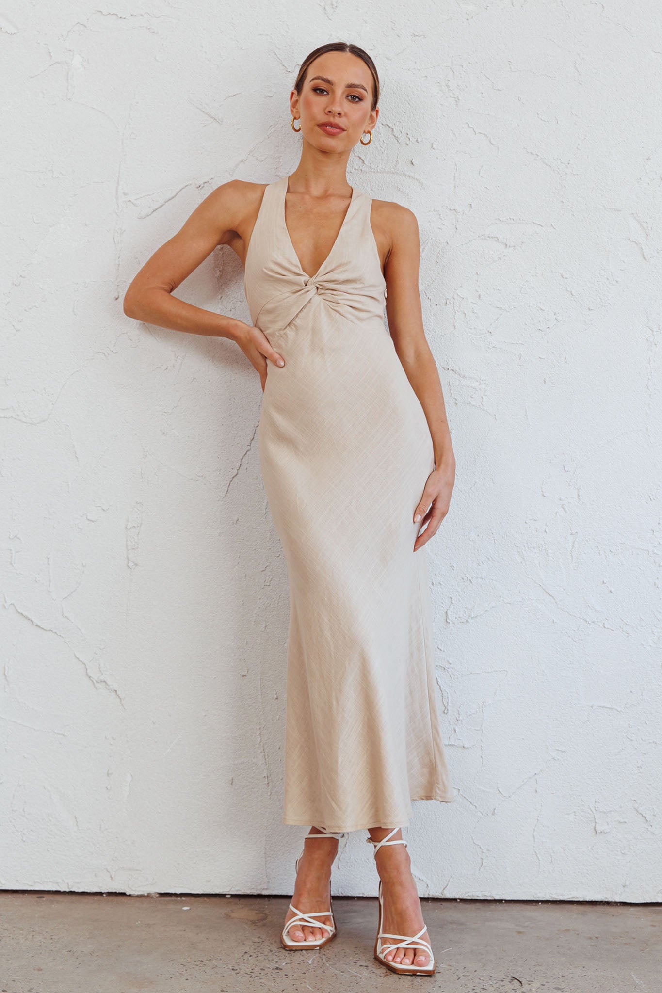 Coastal Charm Twist Back Maxi Dress Oat by Selfie Leslie
