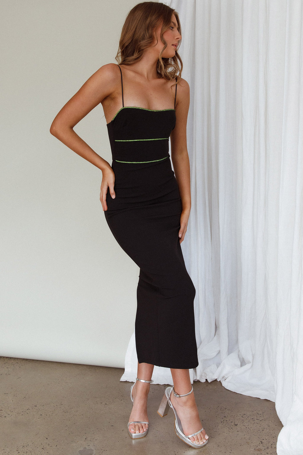 Esperance Diamante Trim Midi Dress Black by Selfie Leslie