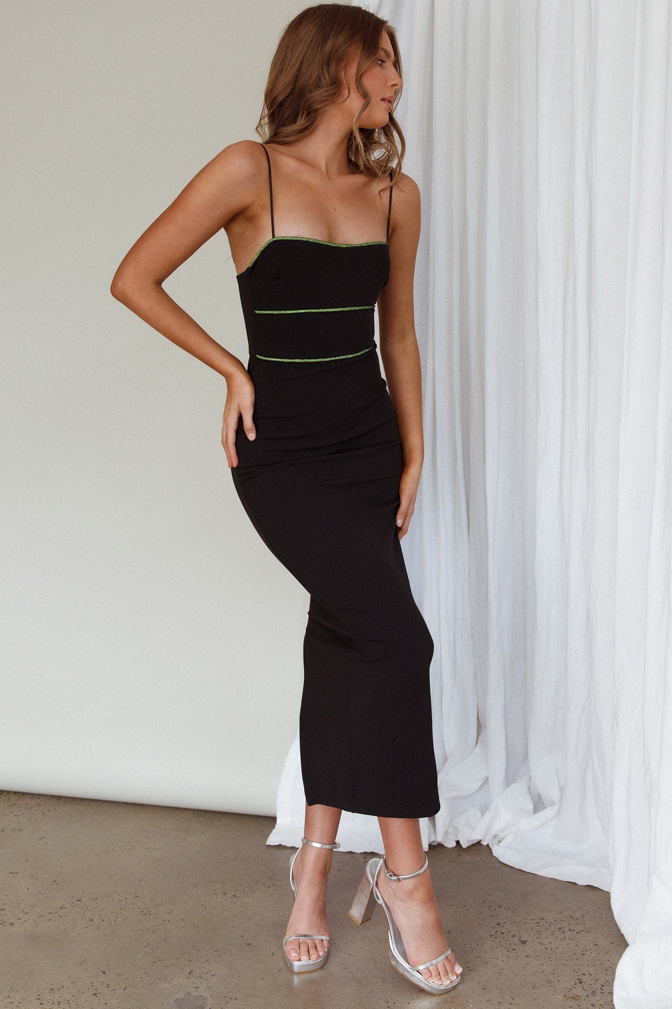 Esperance Diamante Trim Midi Dress Black by Selfie Leslie