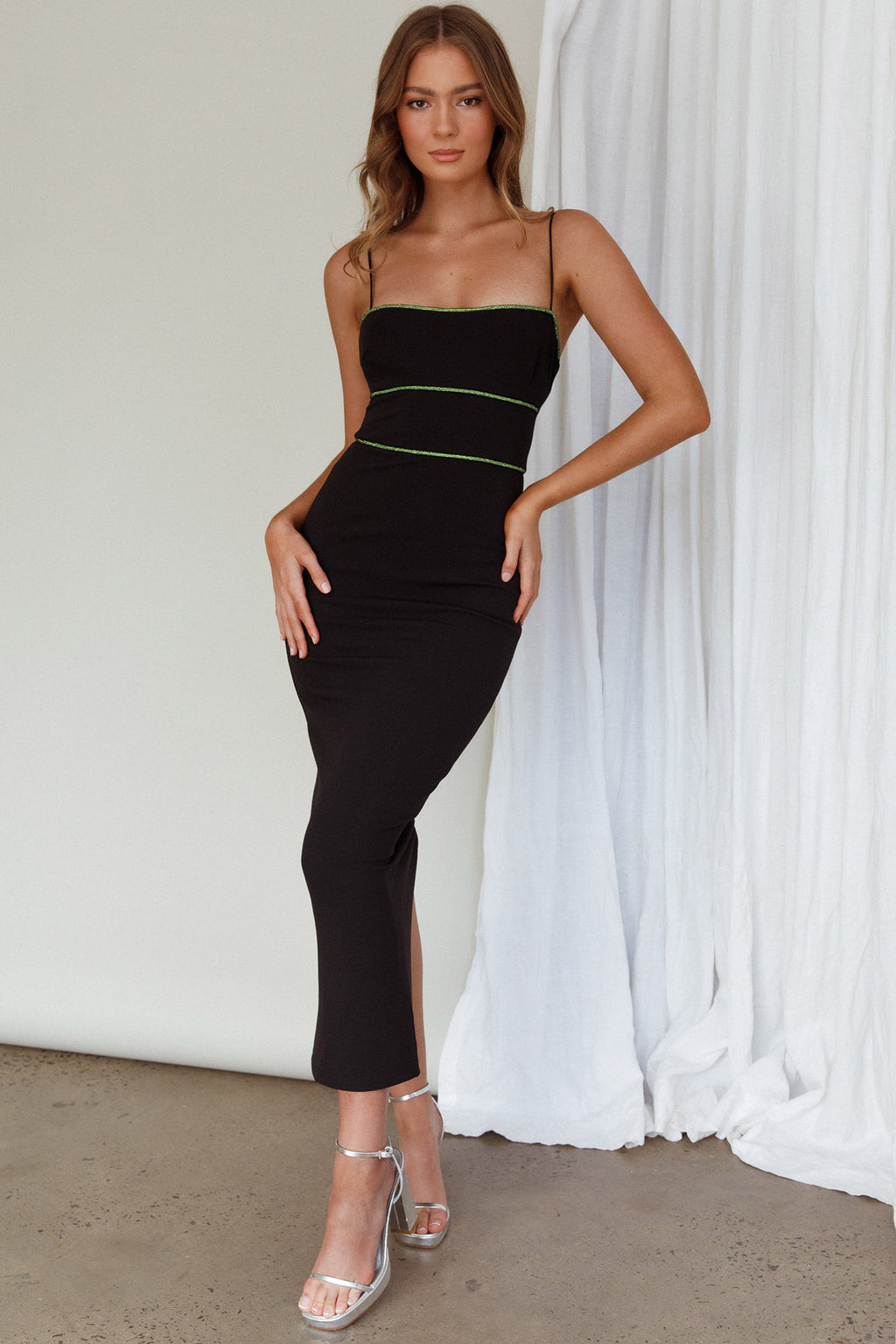Esperance Diamante Trim Midi Dress Black by Selfie Leslie