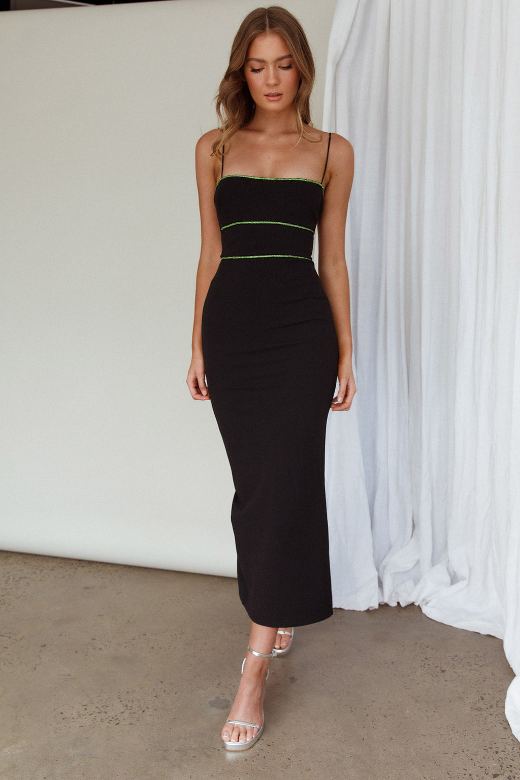 Esperance Diamante Trim Midi Dress Black by Selfie Leslie