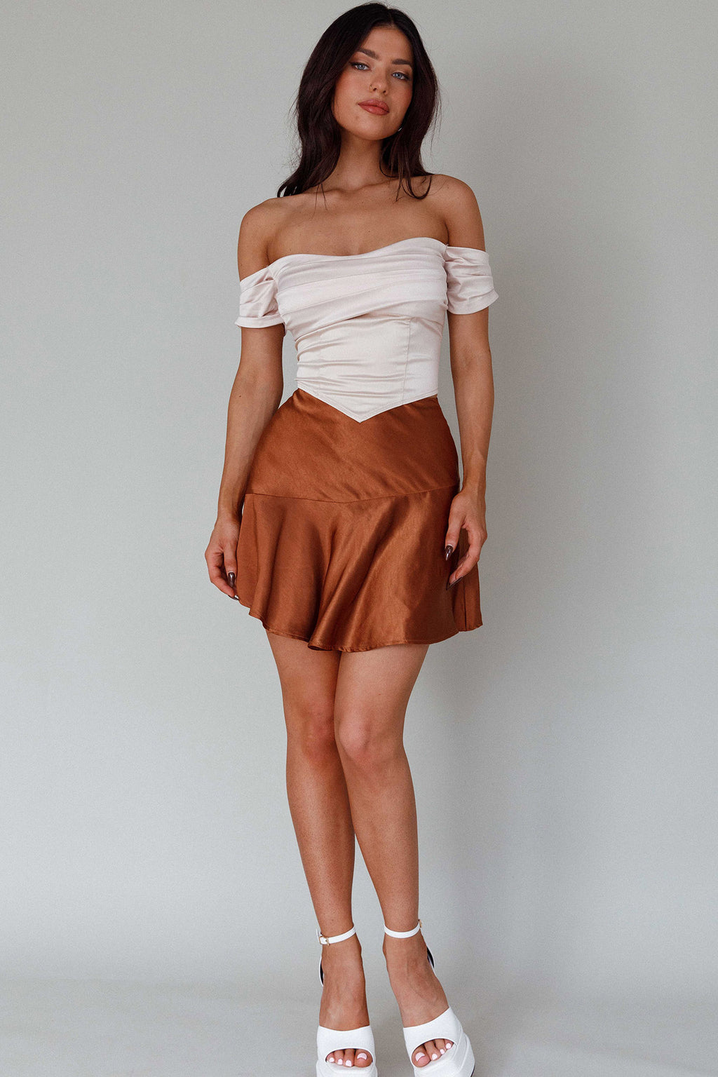 Gwyneth Flounce Mini Skirt Chocolate by Selfie Leslie