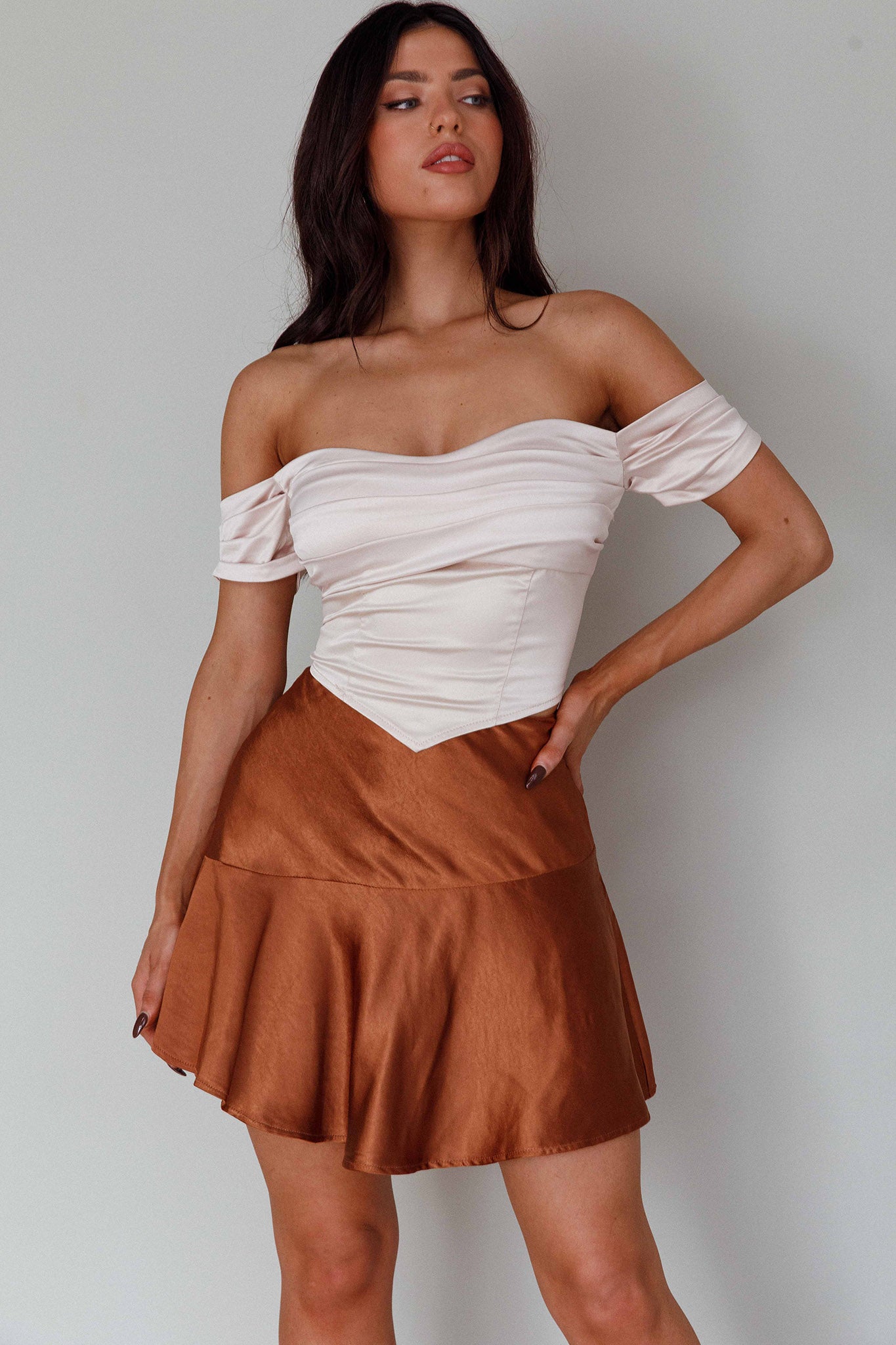 Gwyneth Flounce Mini Skirt Chocolate by Selfie Leslie