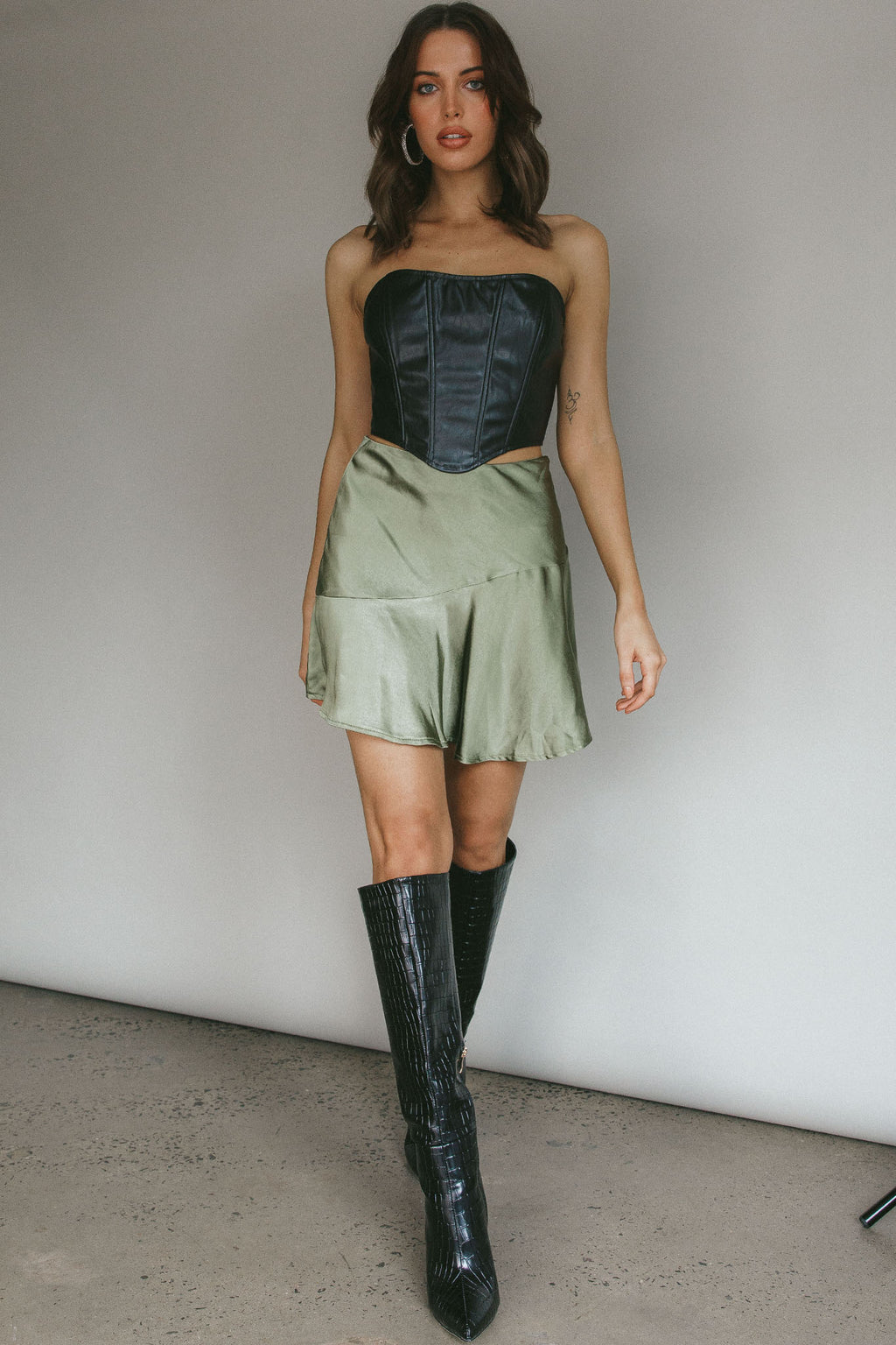 Gwyneth Flounce Mini Skirt Khaki by Selfie Leslie