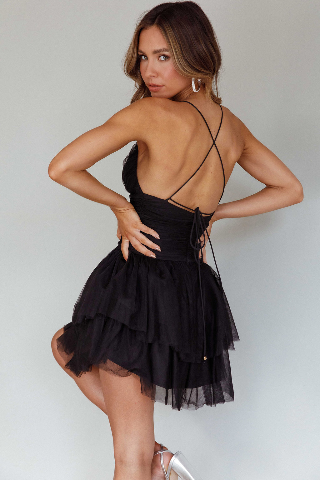 Nightingale Ruched Mesh Mini Dress Black by Selfie Leslie