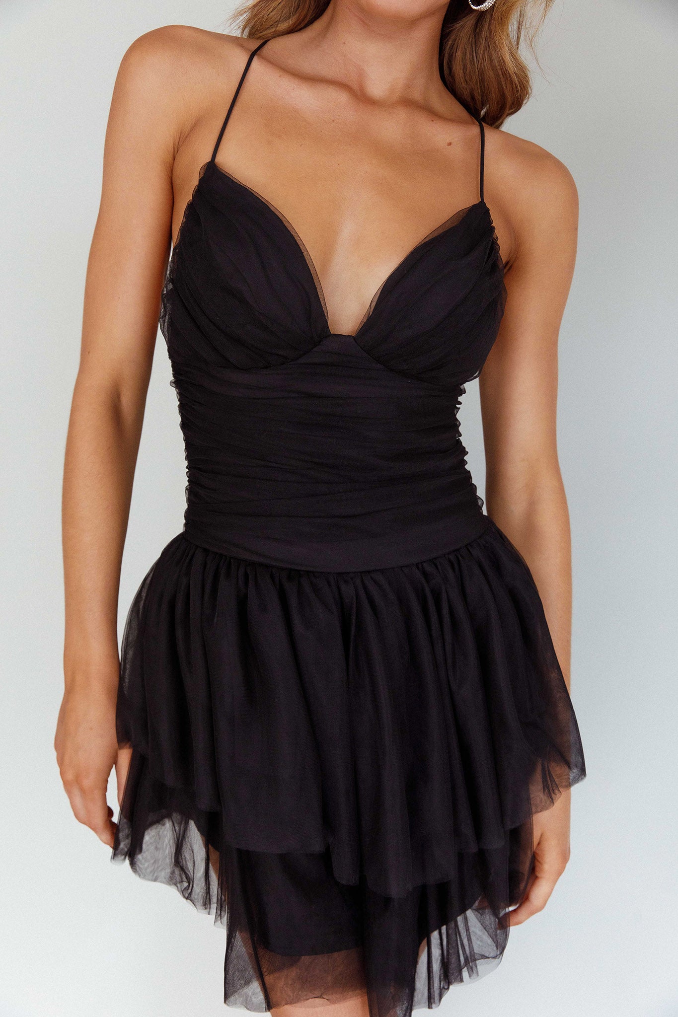 Nightingale Ruched Mesh Mini Dress Black by Selfie Leslie