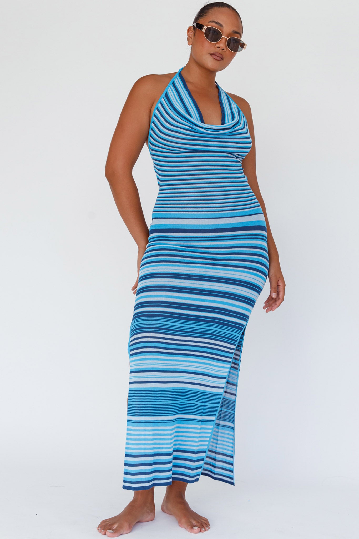 Azure Shores Knit Midi Dress Striped Blue by Selfie Leslie