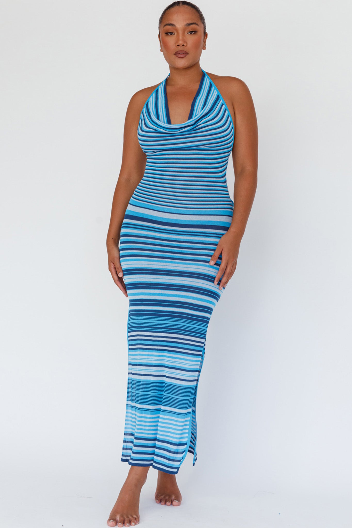 Azure Shores Knit Midi Dress Striped Blue by Selfie Leslie