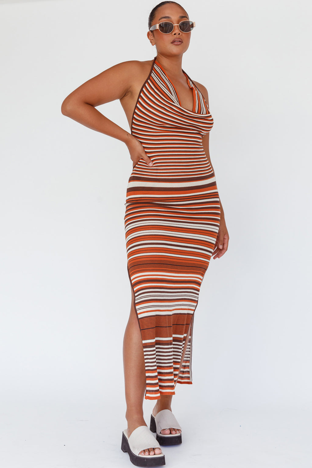 Azure Shores Knit Midi Dress Striped Tan by Selfie Leslie
