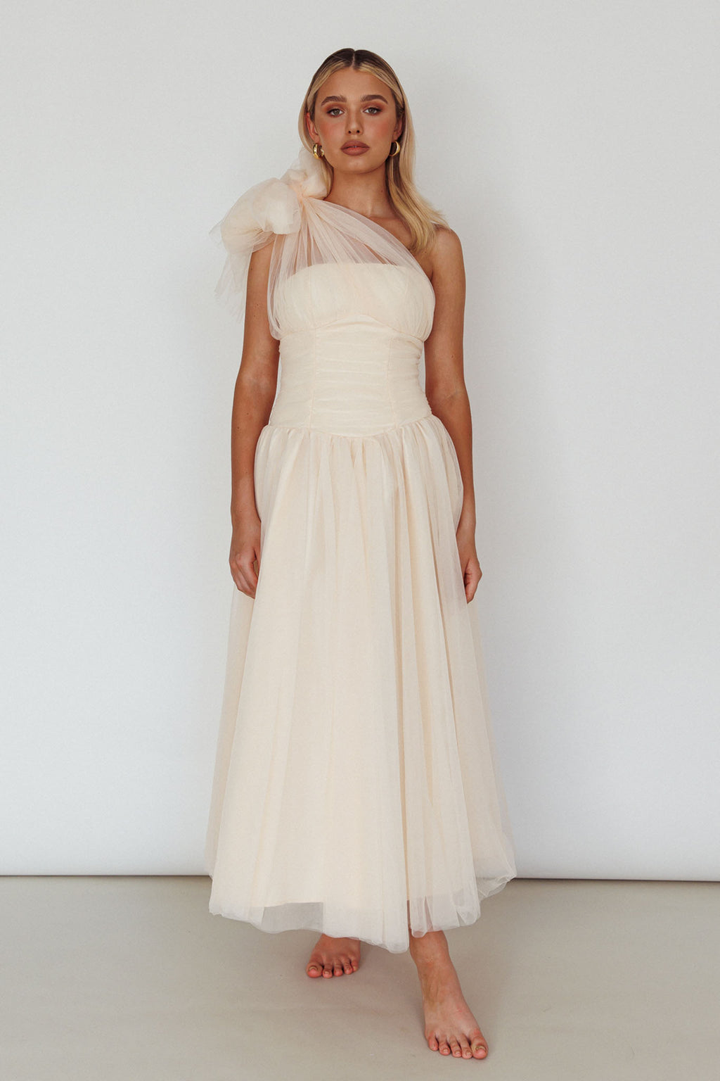 Let's Elope Bow Shoulder Midi Dress Butter by Selfie Leslie