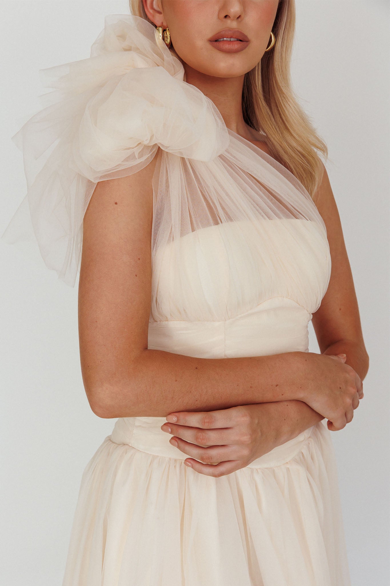 Let's Elope Bow Shoulder Midi Dress Butter by Selfie Leslie