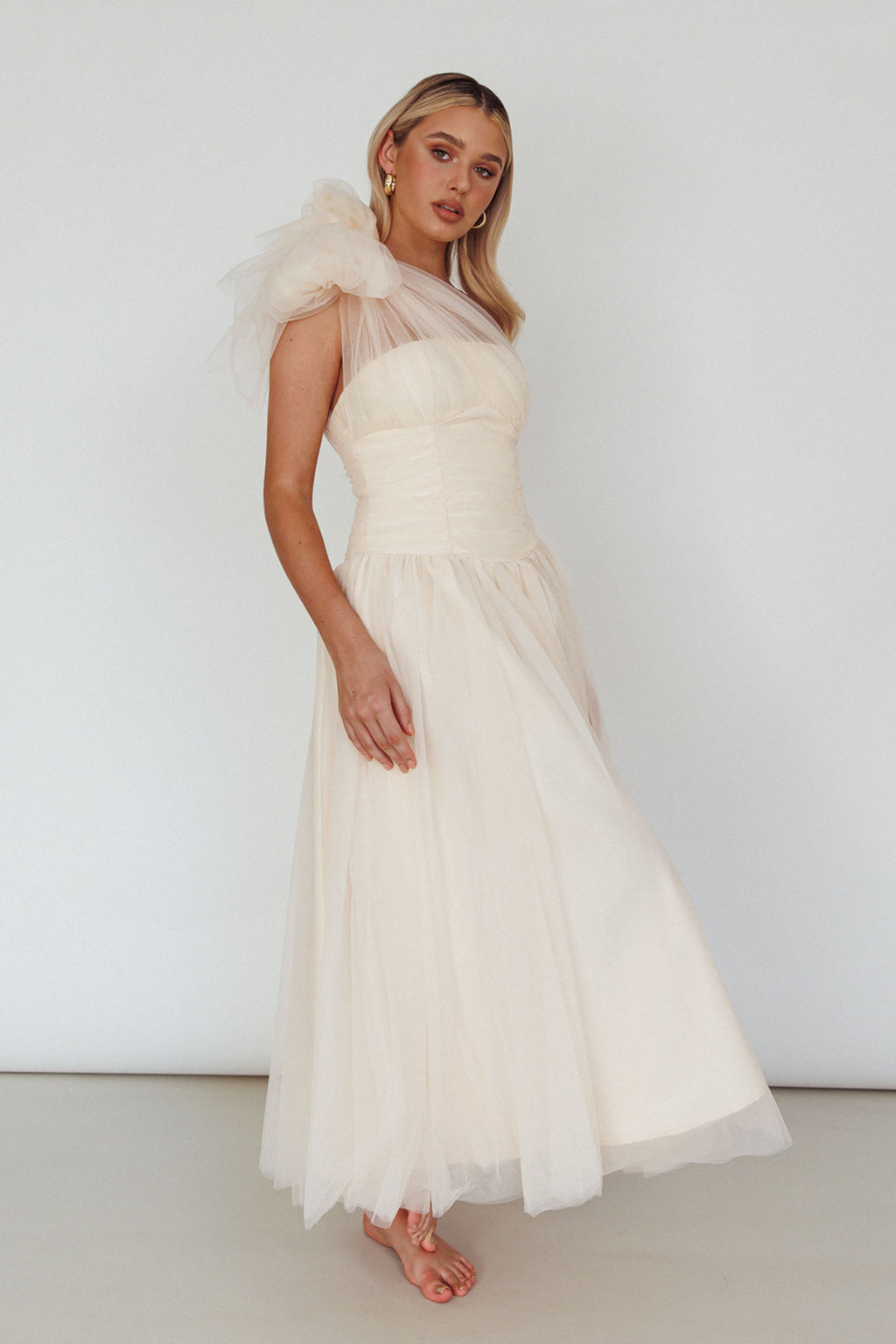 Let's Elope Bow Shoulder Midi Dress Butter by Selfie Leslie