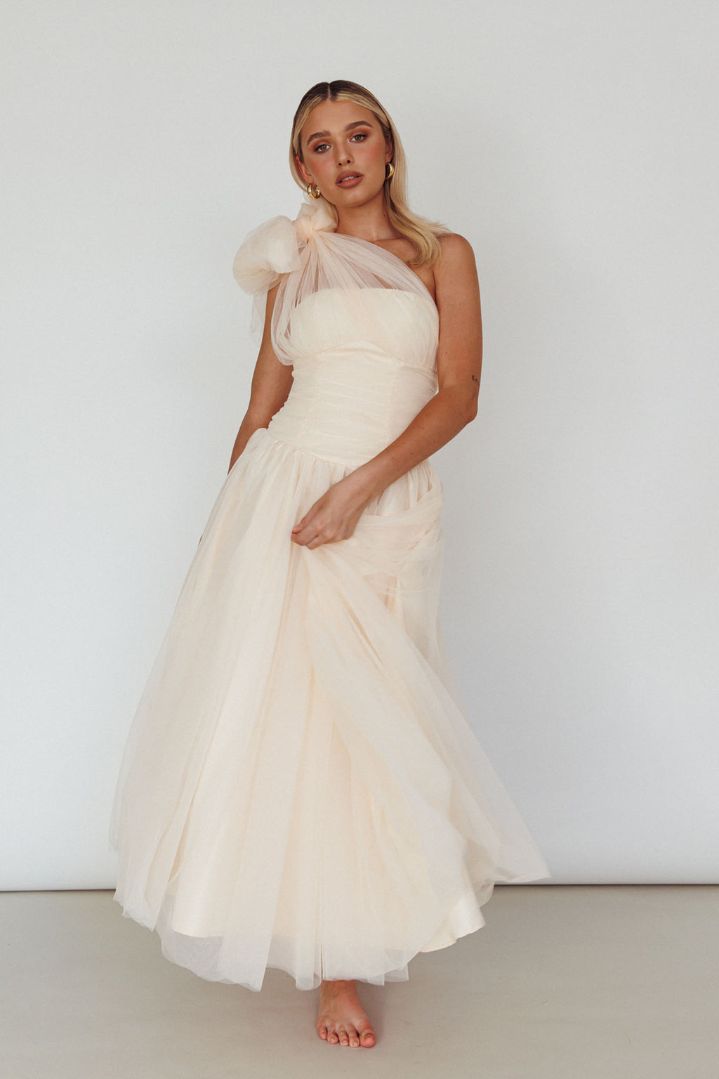 Let's Elope Bow Shoulder Midi Dress Butter by Selfie Leslie