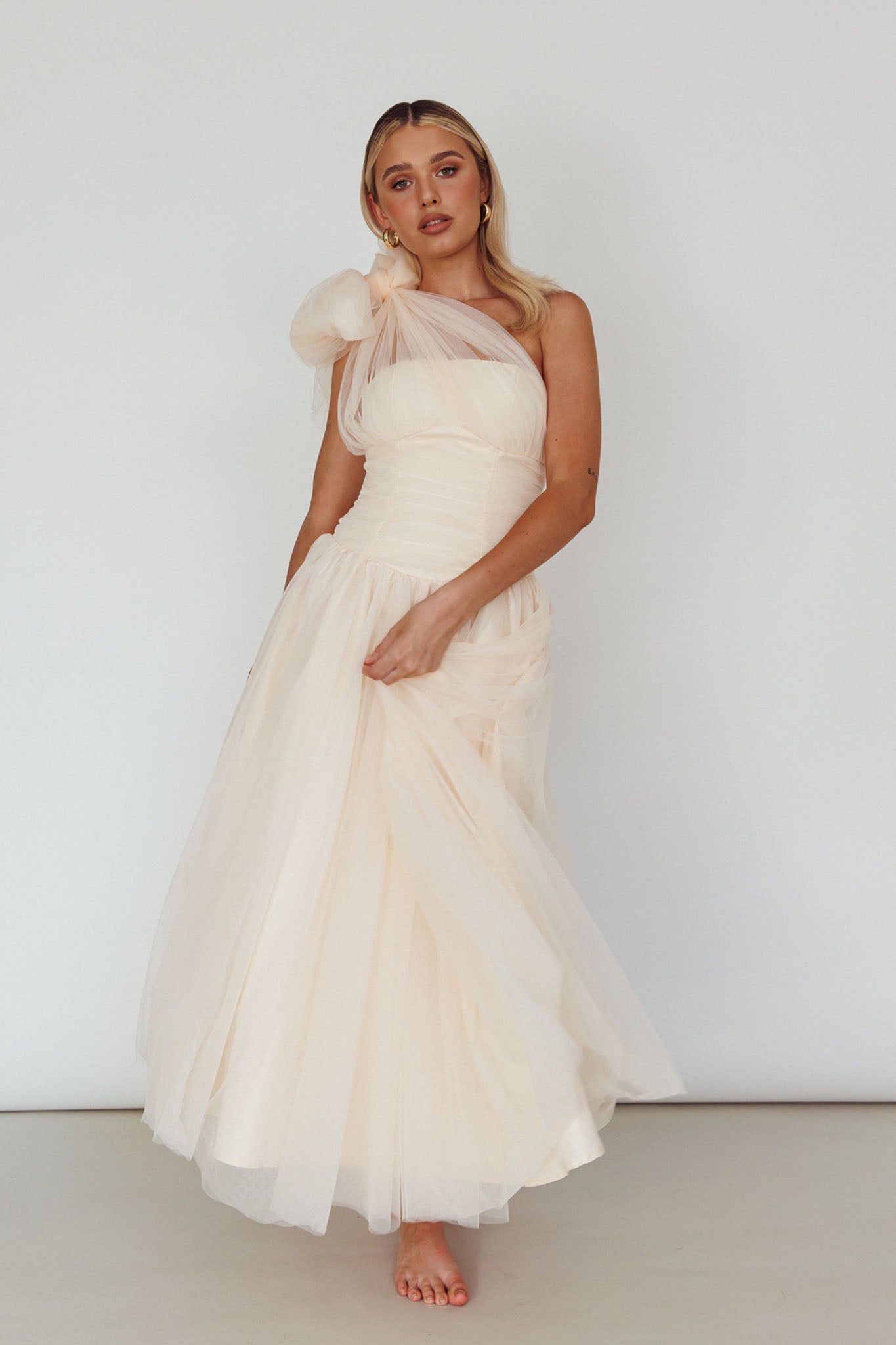 Let's Elope Bow Shoulder Midi Dress Butter by Selfie Leslie