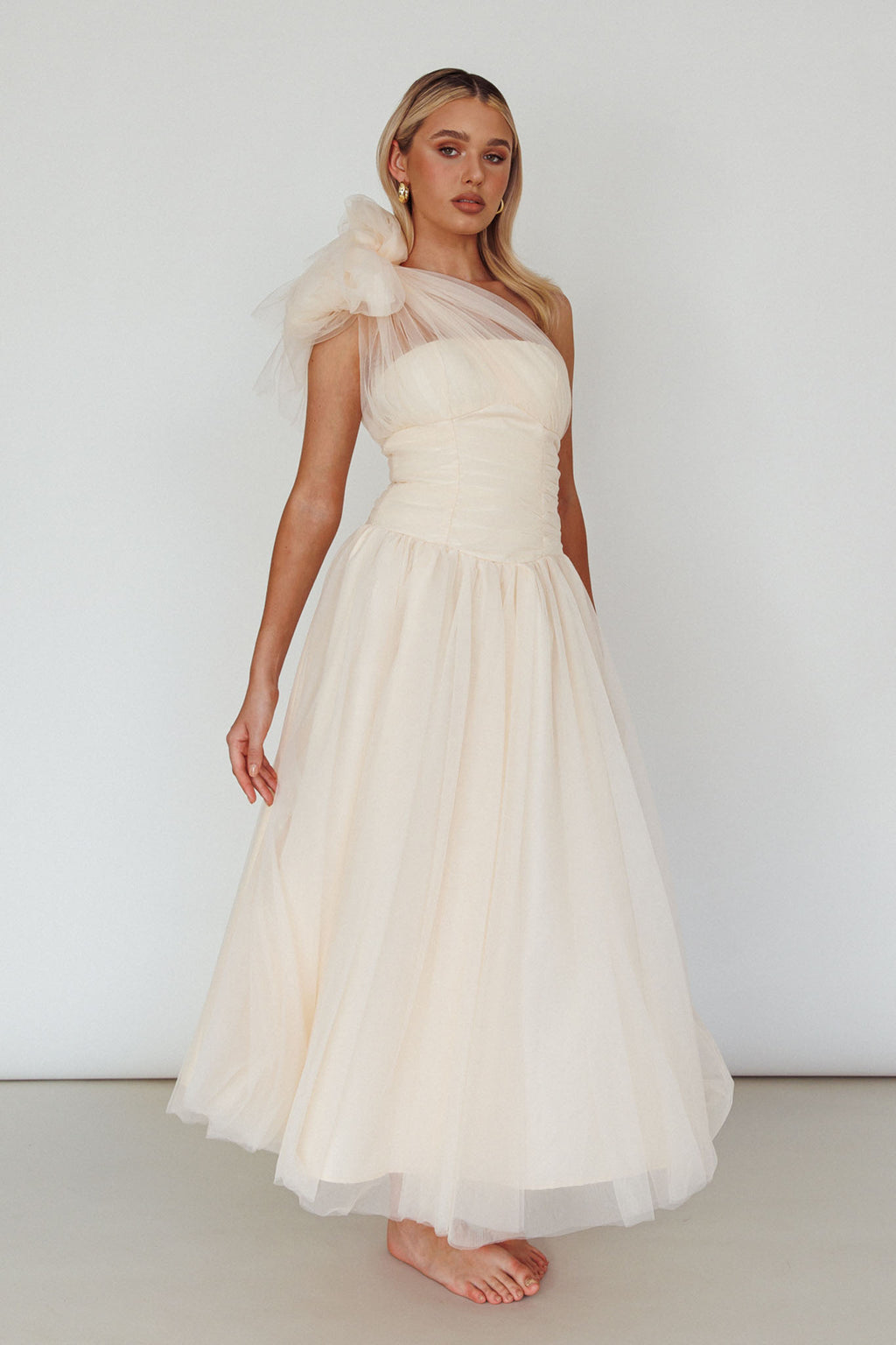 Let's Elope Bow Shoulder Midi Dress Butter by Selfie Leslie