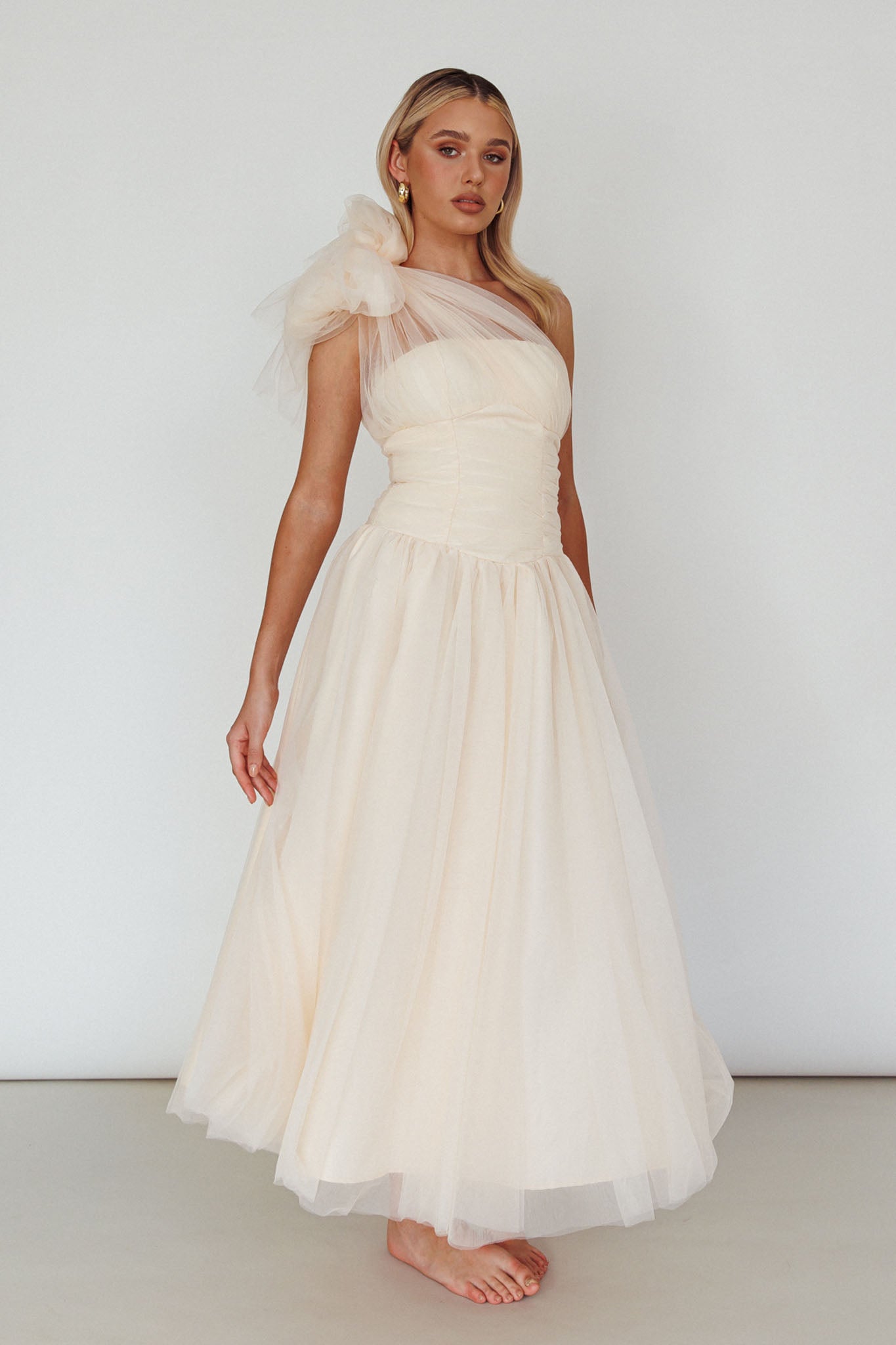 Let's Elope Bow Shoulder Midi Dress Butter by Selfie Leslie