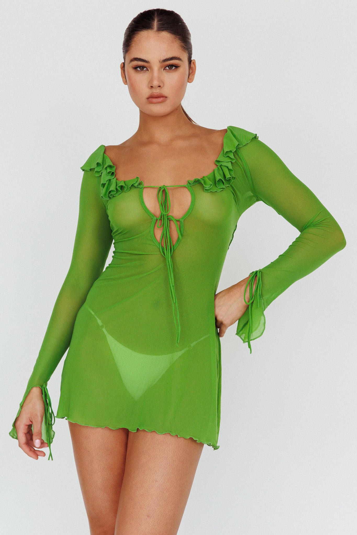 Sea Dreaming Ruffle Trim Mini Dress Lime by Selfie Leslie