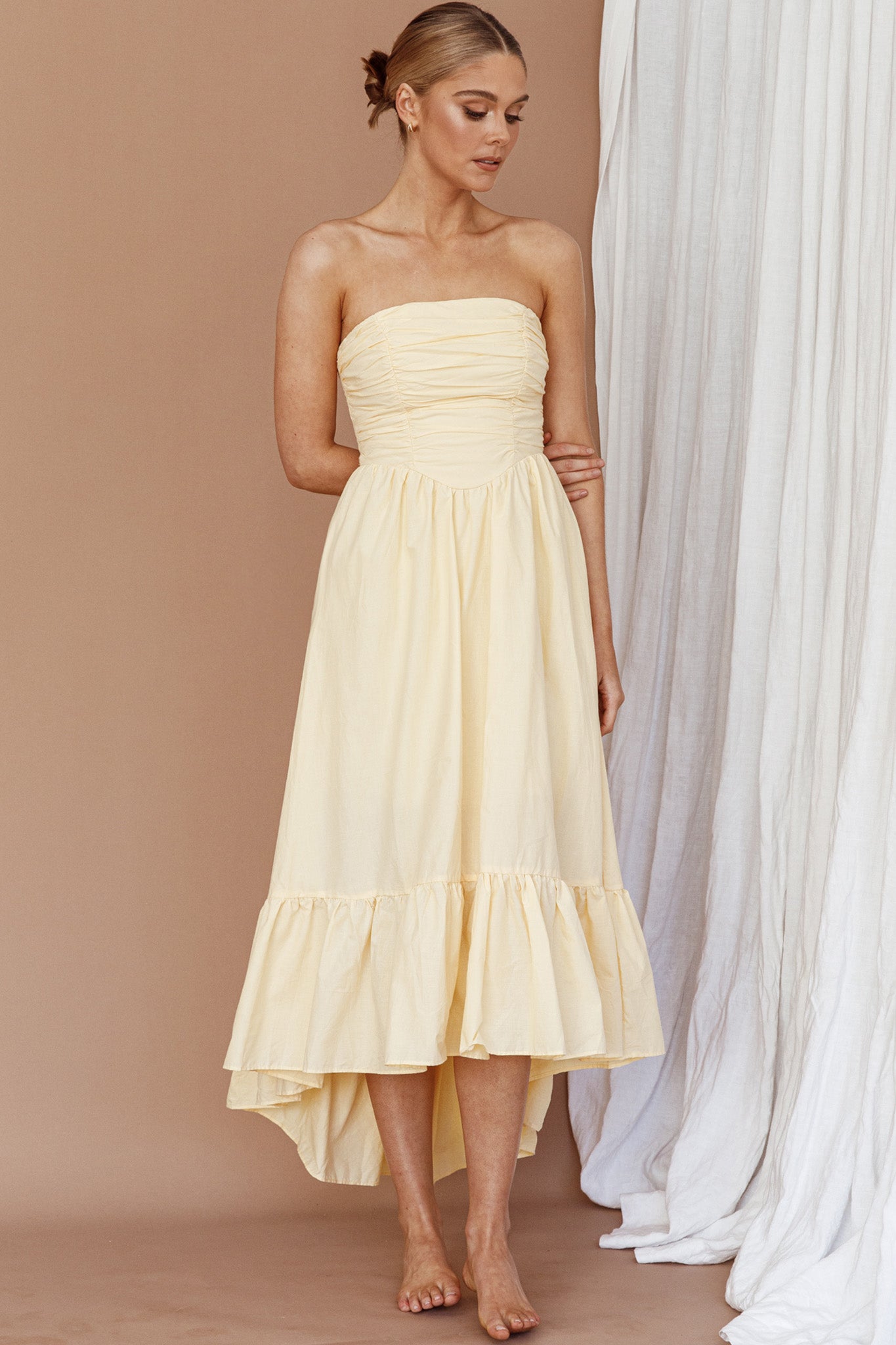 Sunday Mornings Ruched Bust Midi Dress Lemon by Selfie Leslie