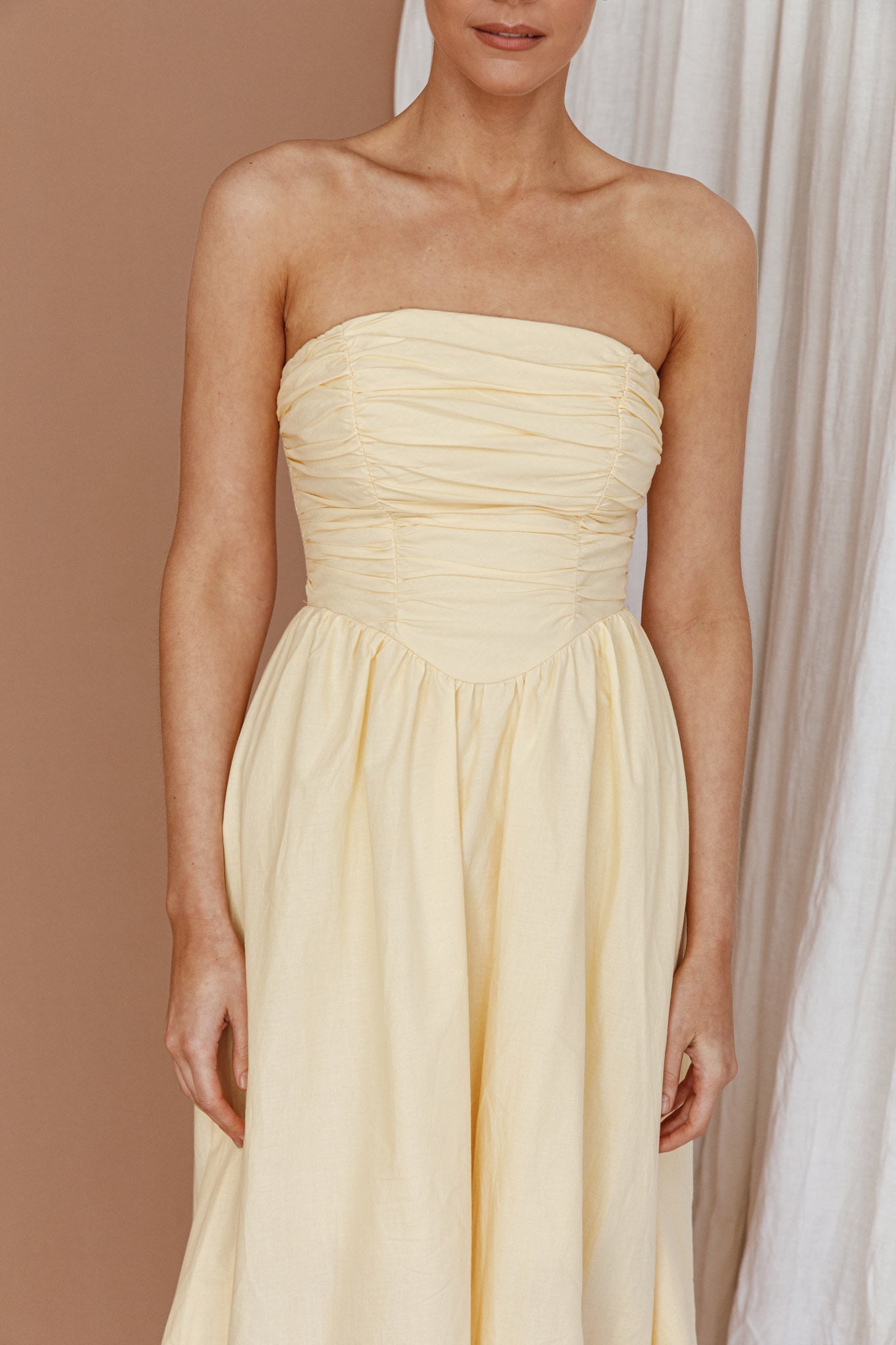 Sunday Mornings Ruched Bust Midi Dress Lemon by Selfie Leslie