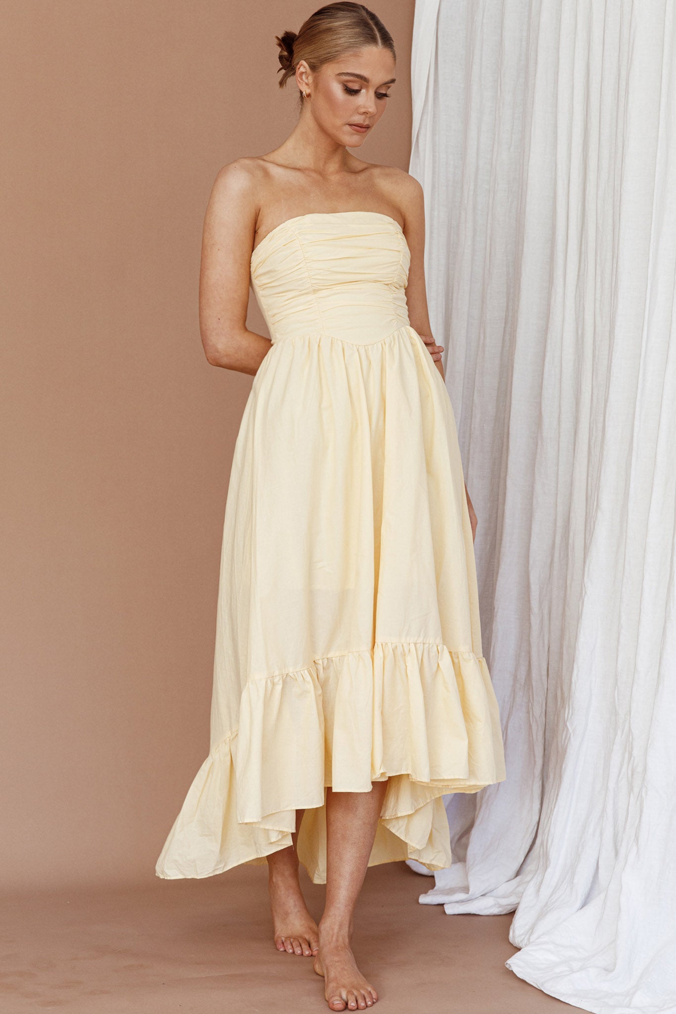 Sunday Mornings Ruched Bust Midi Dress Lemon by Selfie Leslie