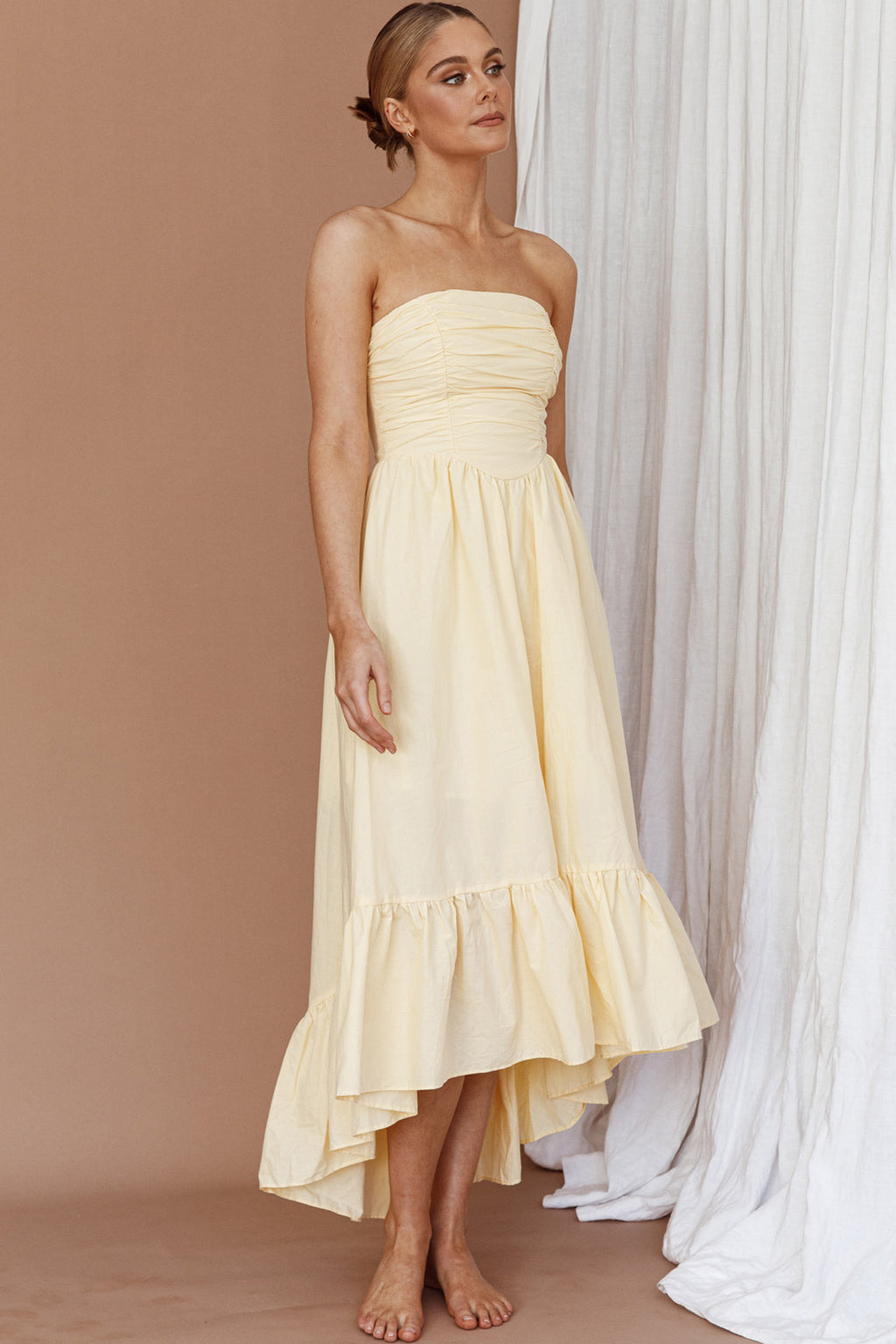 Sunday Mornings Ruched Bust Midi Dress Lemon by Selfie Leslie