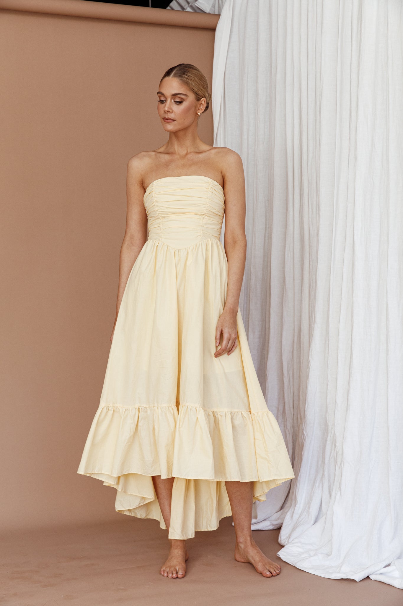 Sunday Mornings Ruched Bust Midi Dress Lemon by Selfie Leslie