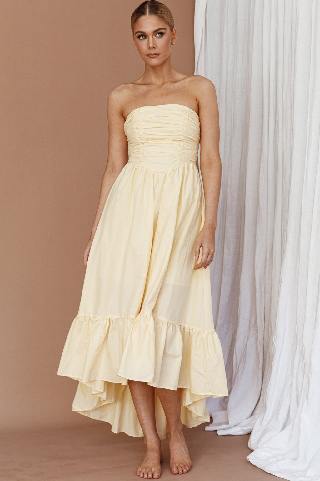 Sunday Mornings Ruched Bust Midi Dress Lemon by Selfie Leslie