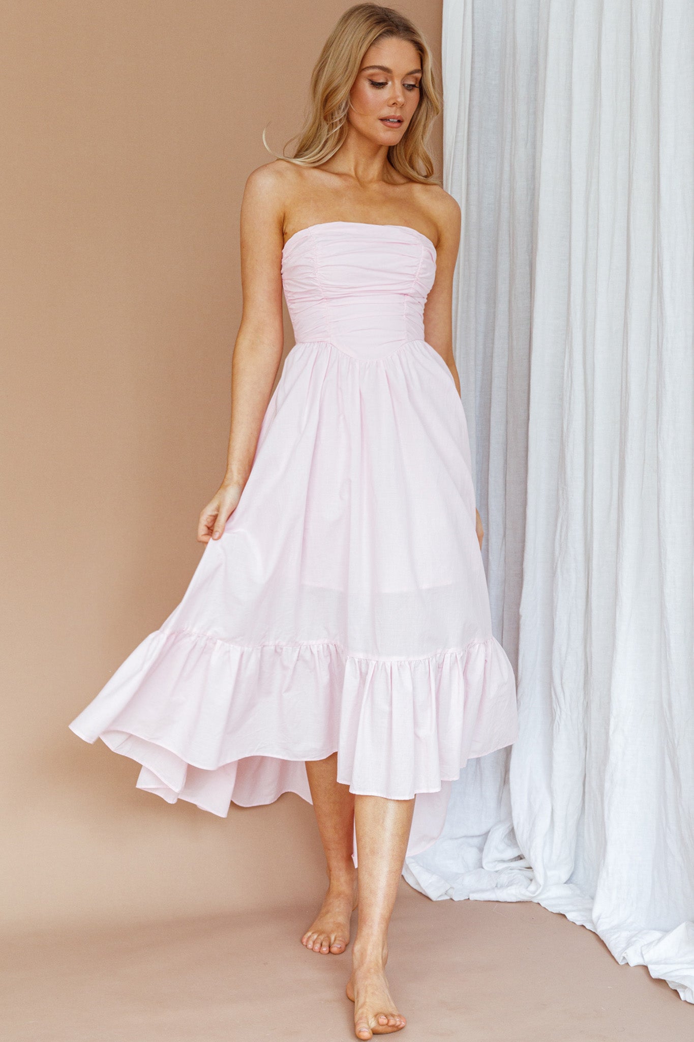 Sunday Mornings Ruched Bust Midi Dress Pink by Selfie Leslie