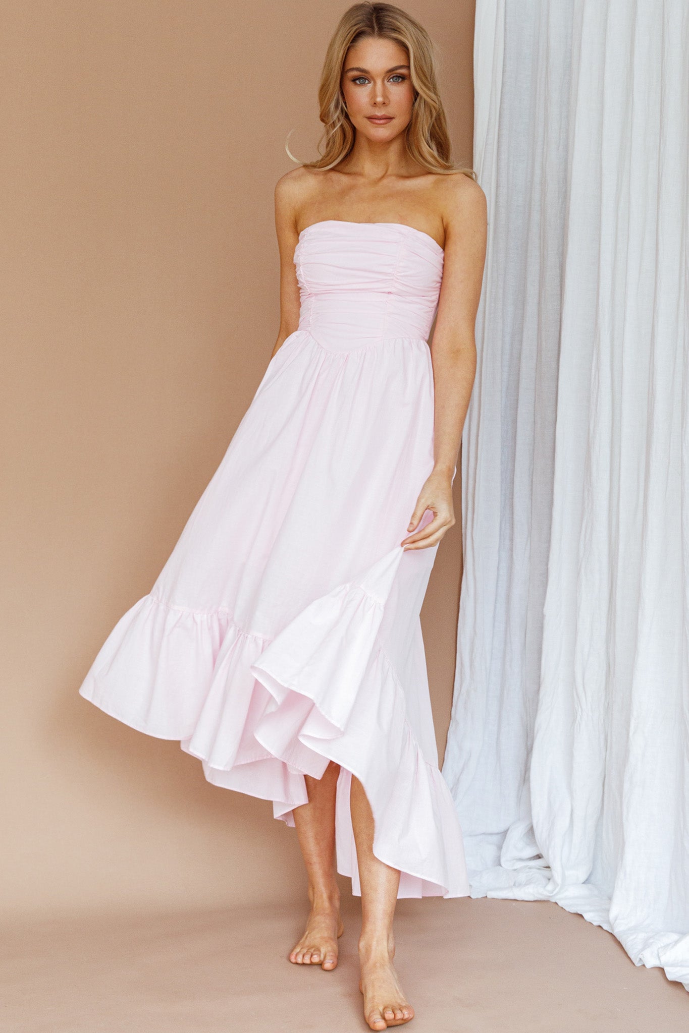 Sunday Mornings Ruched Bust Midi Dress Pink by Selfie Leslie