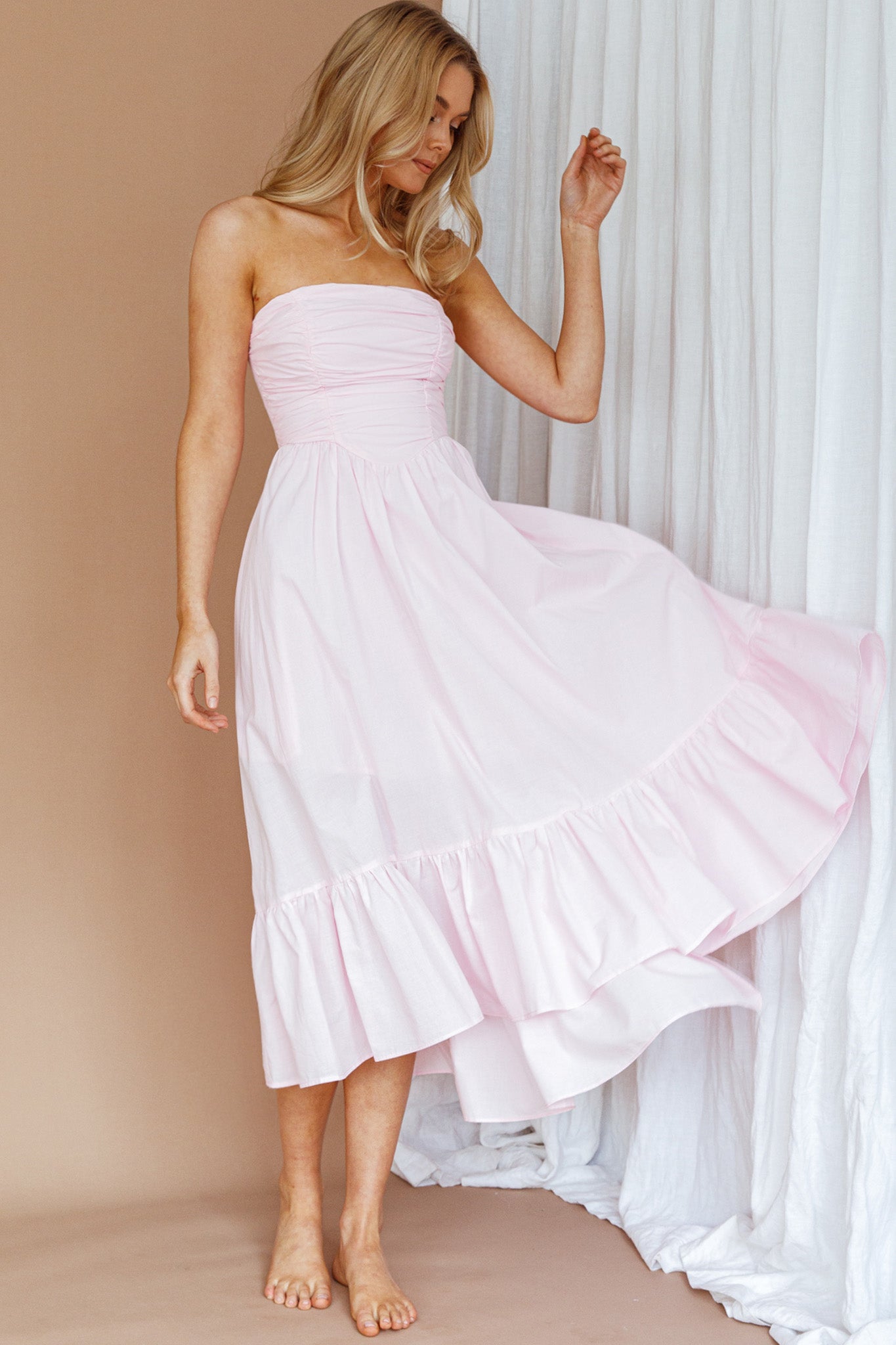 Sunday Mornings Ruched Bust Midi Dress Pink by Selfie Leslie