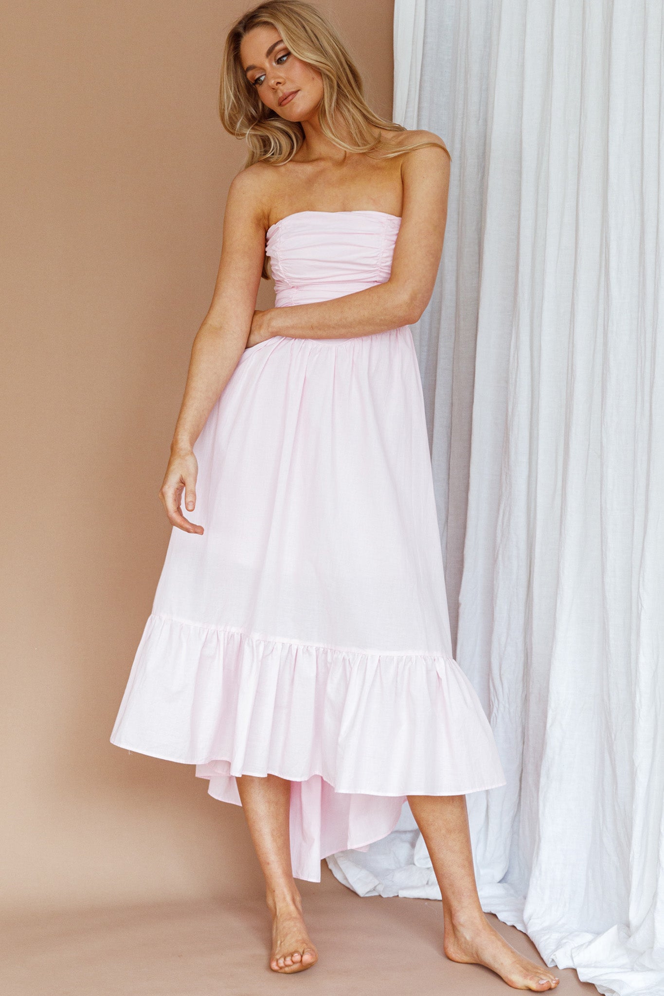 Sunday Mornings Ruched Bust Midi Dress Pink by Selfie Leslie