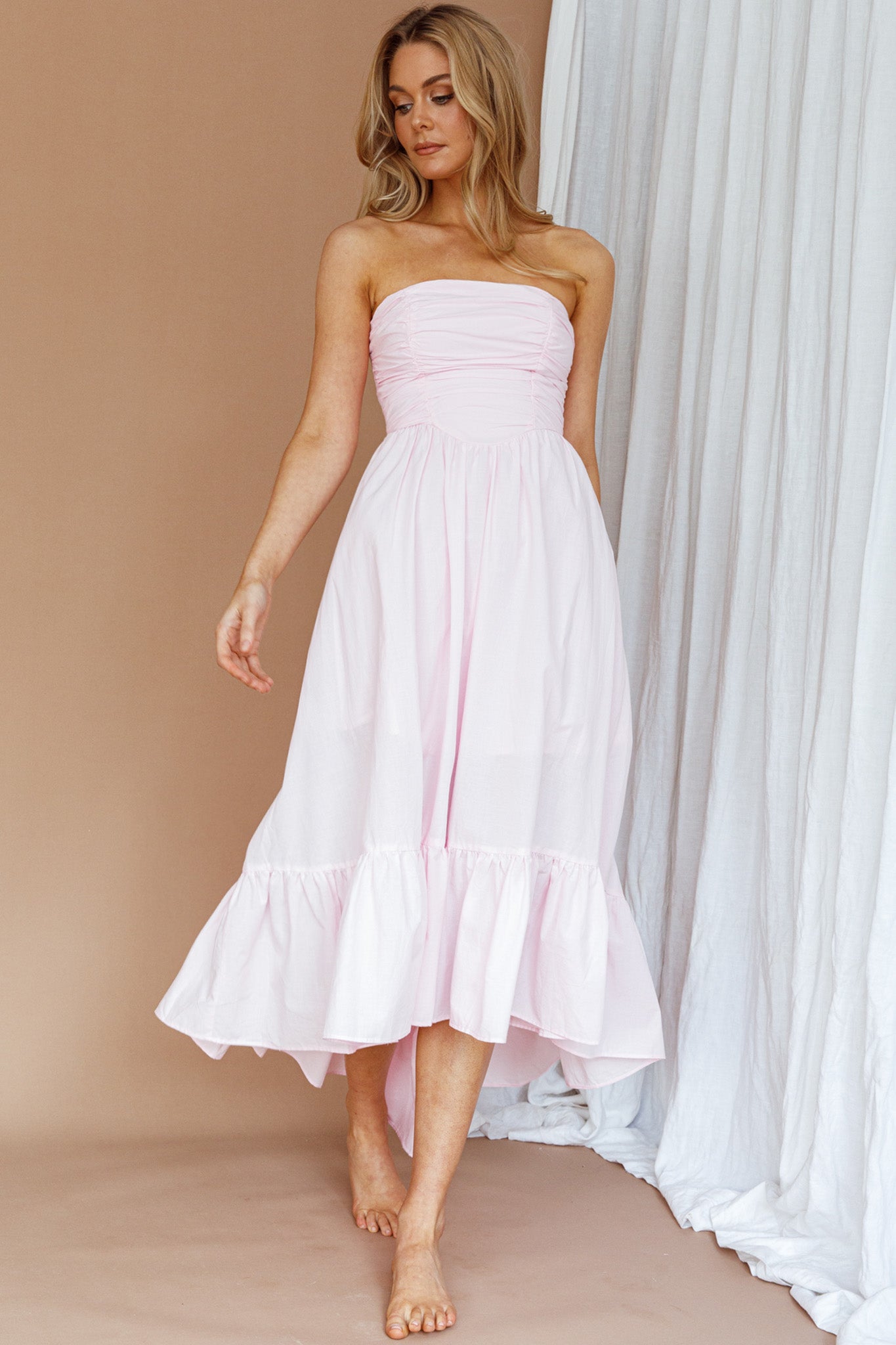 Sunday Mornings Ruched Bust Midi Dress Pink by Selfie Leslie