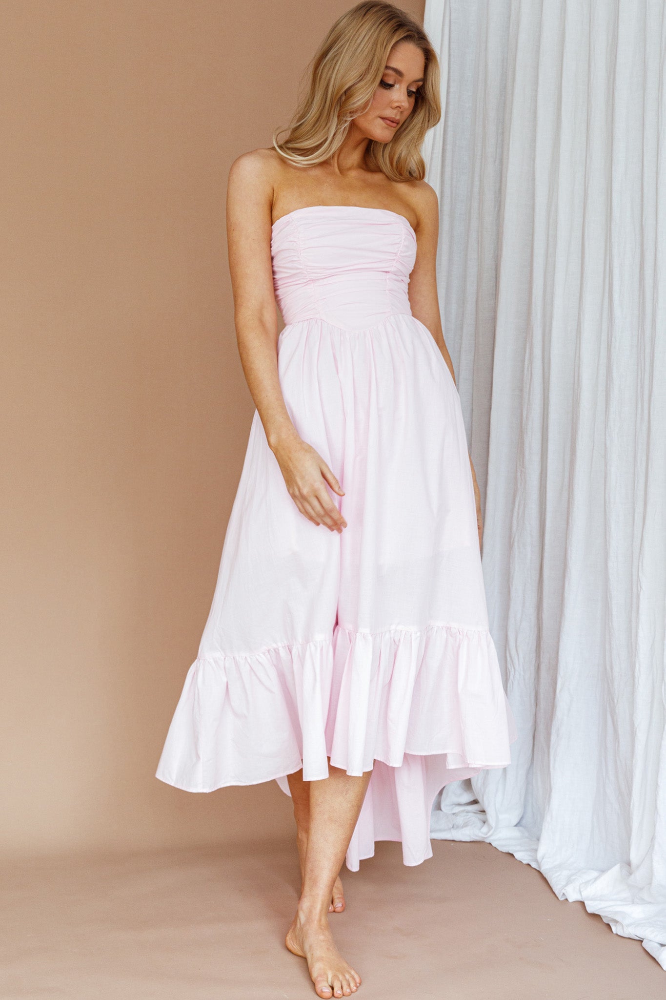 Sunday Mornings Ruched Bust Midi Dress Pink by Selfie Leslie