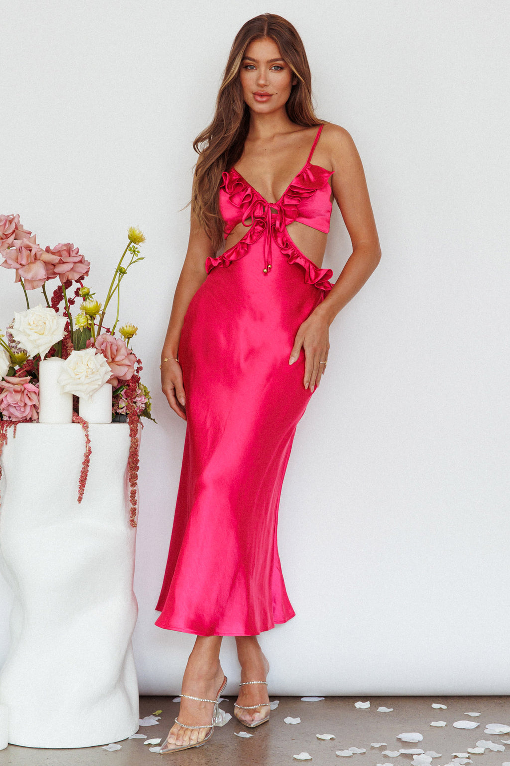 Stole My Heart Frill Trim Maxi Dress Hot Pink by Selfie Leslie