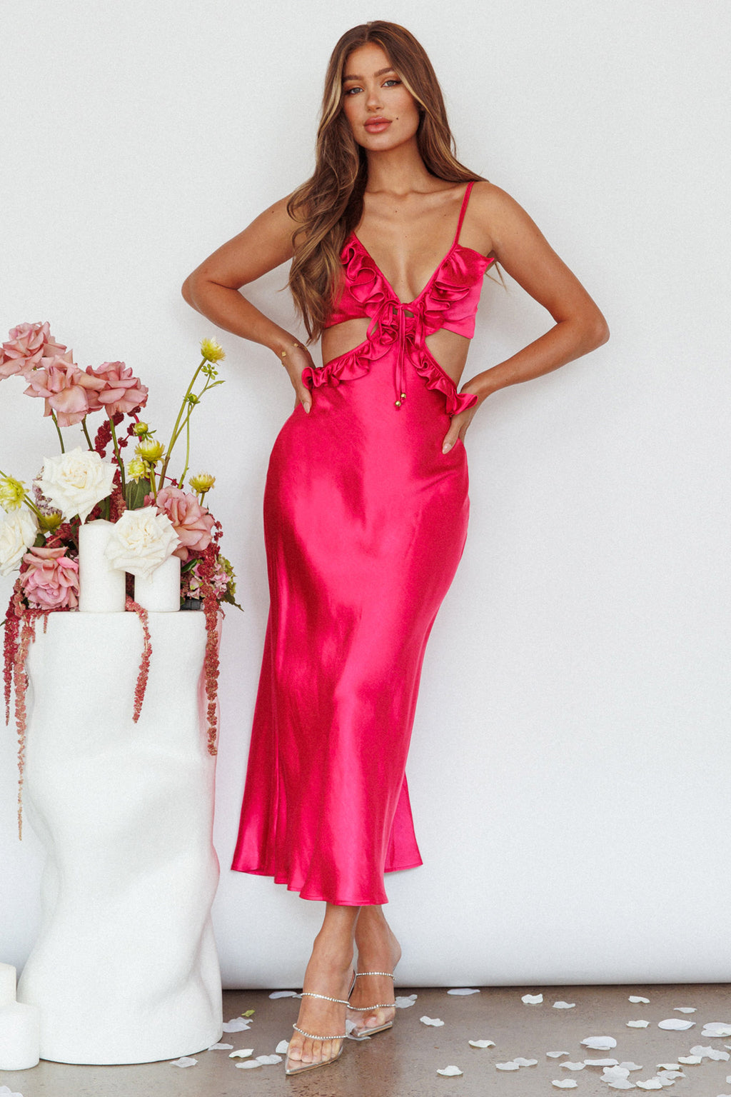 Stole My Heart Frill Trim Maxi Dress Hot Pink by Selfie Leslie