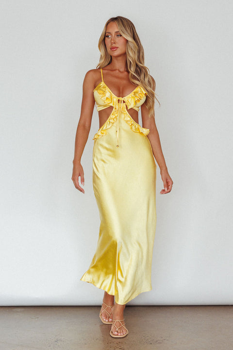 green emerald velvet dress Stole My Heart Frill Trim Maxi Dress Yellow