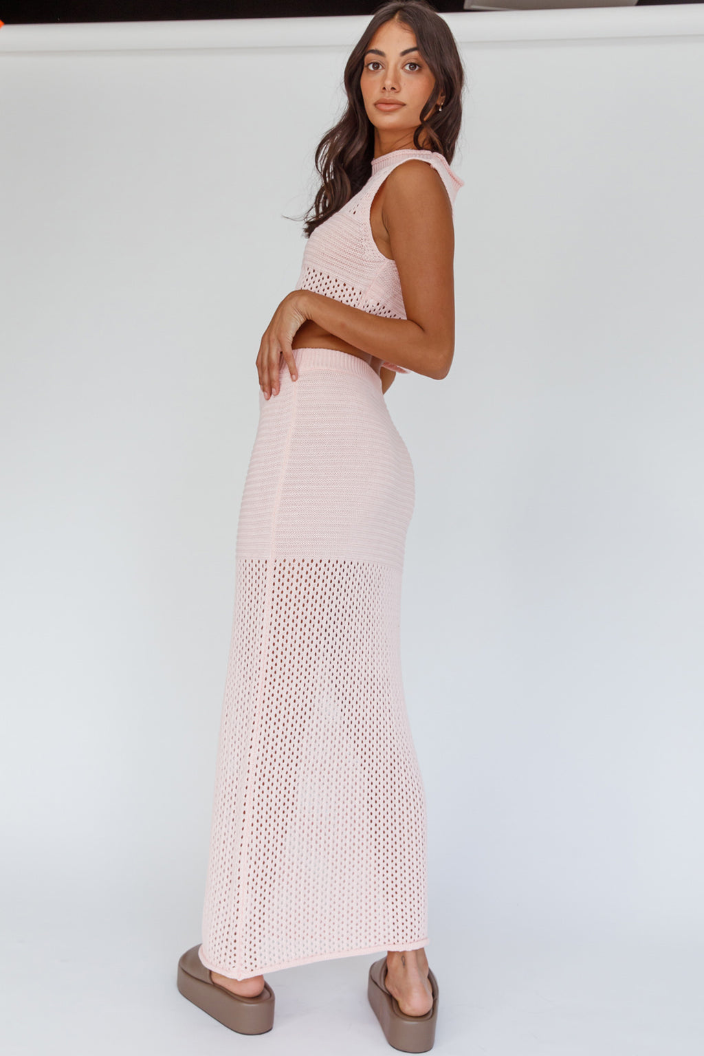 Bayside Crochet Maxi Skirt Pink by Selfie Leslie