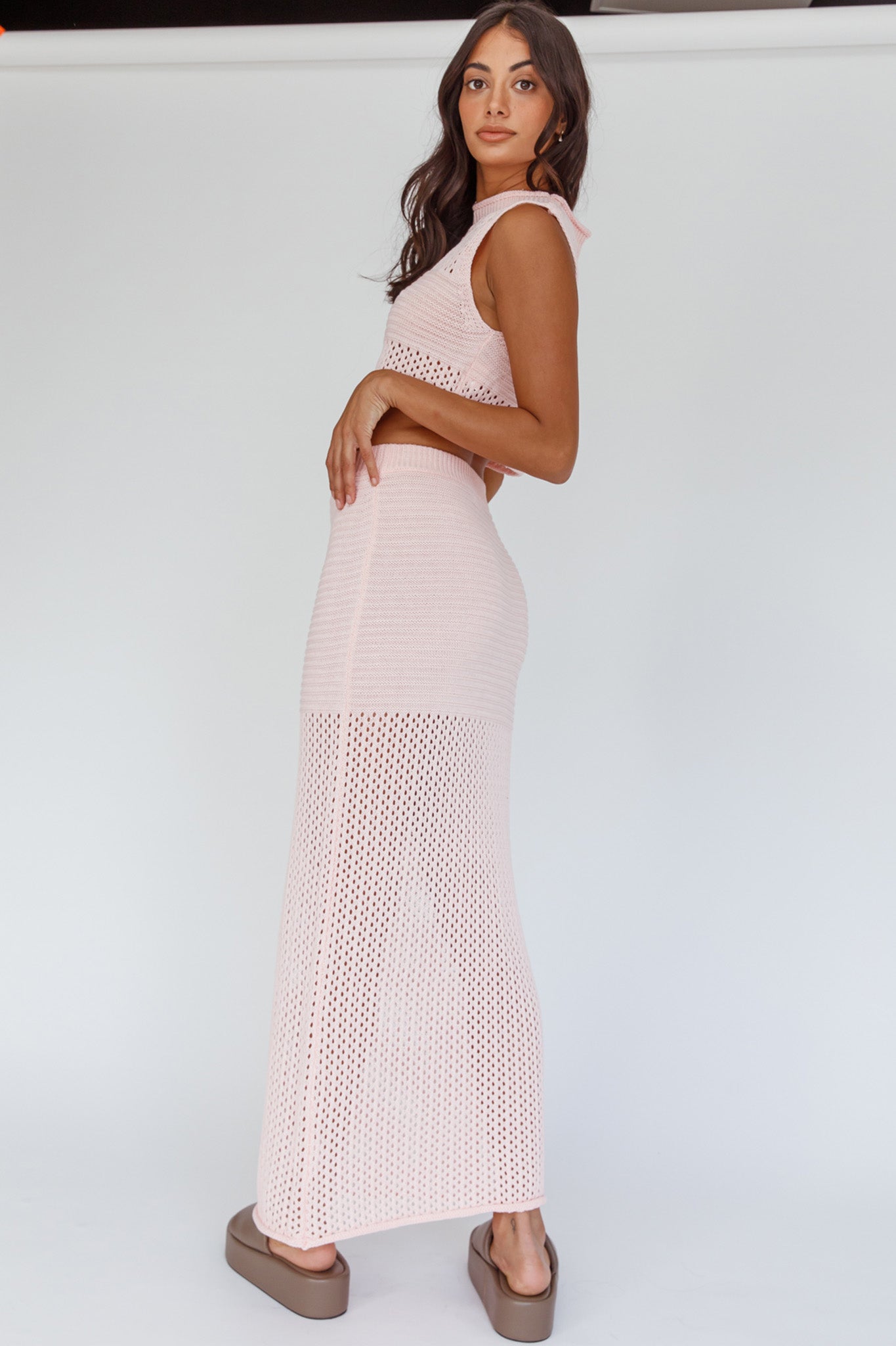Bayside Crochet Maxi Skirt Pink by Selfie Leslie