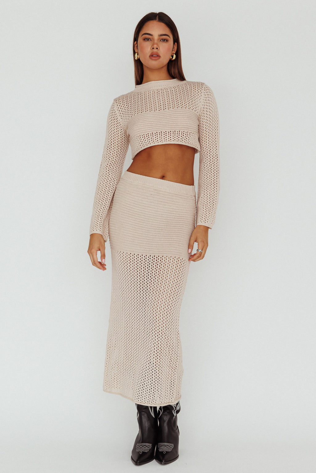 Bayside Crochet Midi Skirt Beige by Selfie Leslie