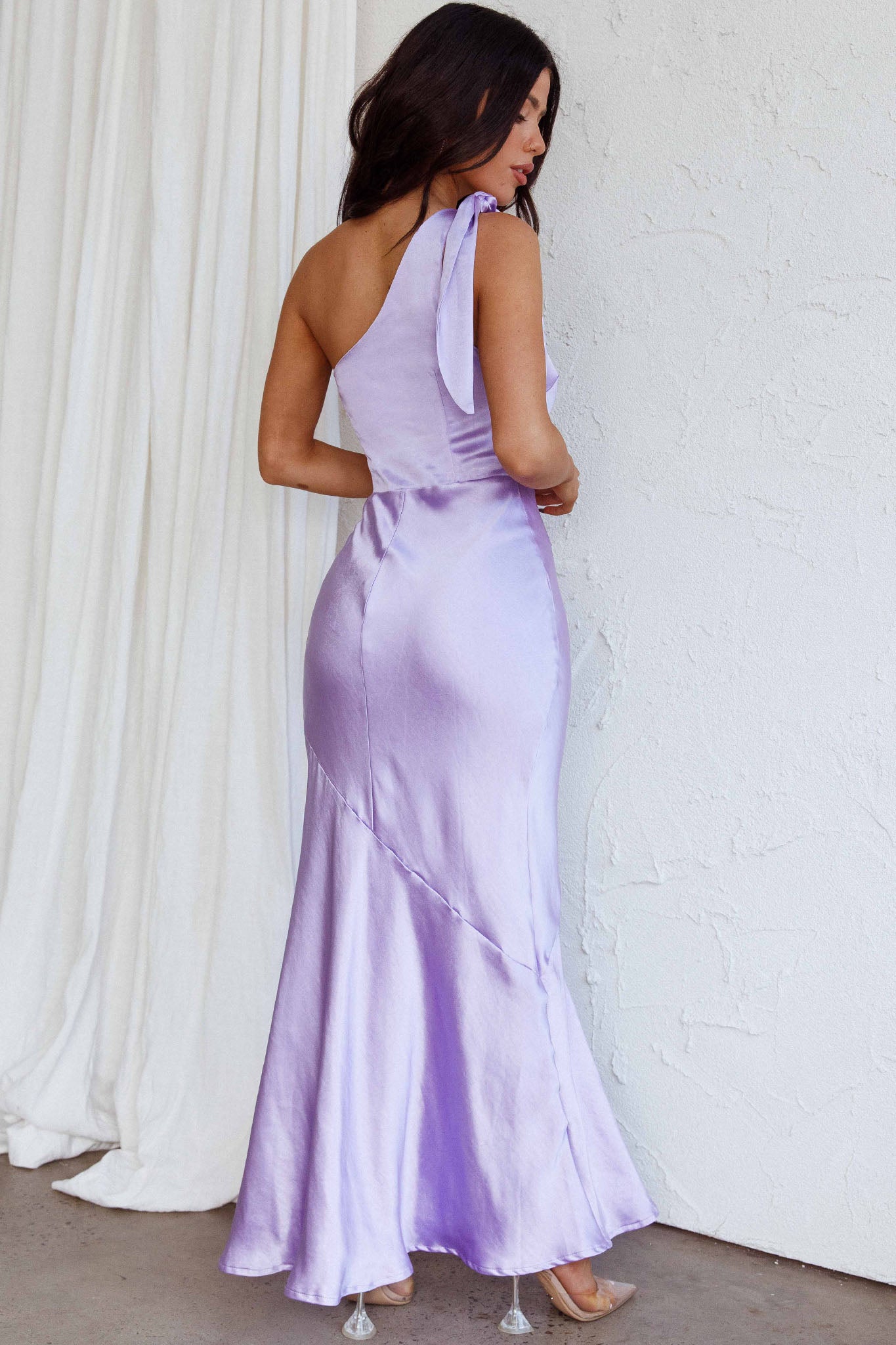Shop the Eleanora One-Shoulder Satin Dress Lilac