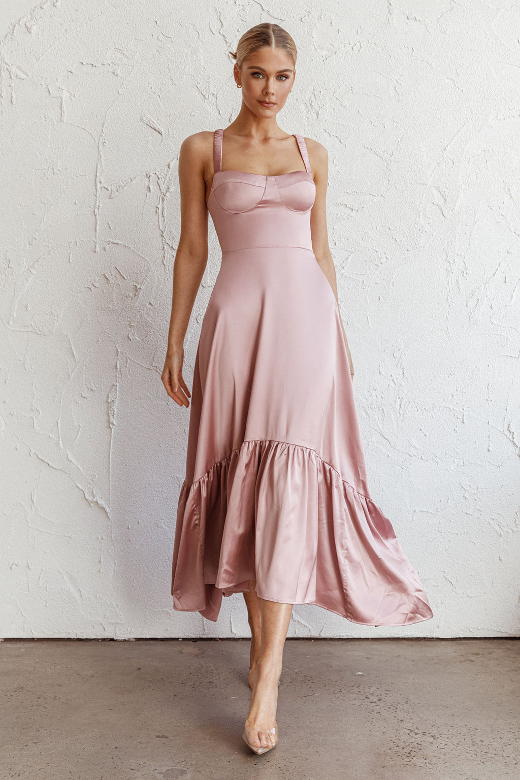 Belle De Jour Flounce Hem Midi Dress Blush by Selfie Leslie