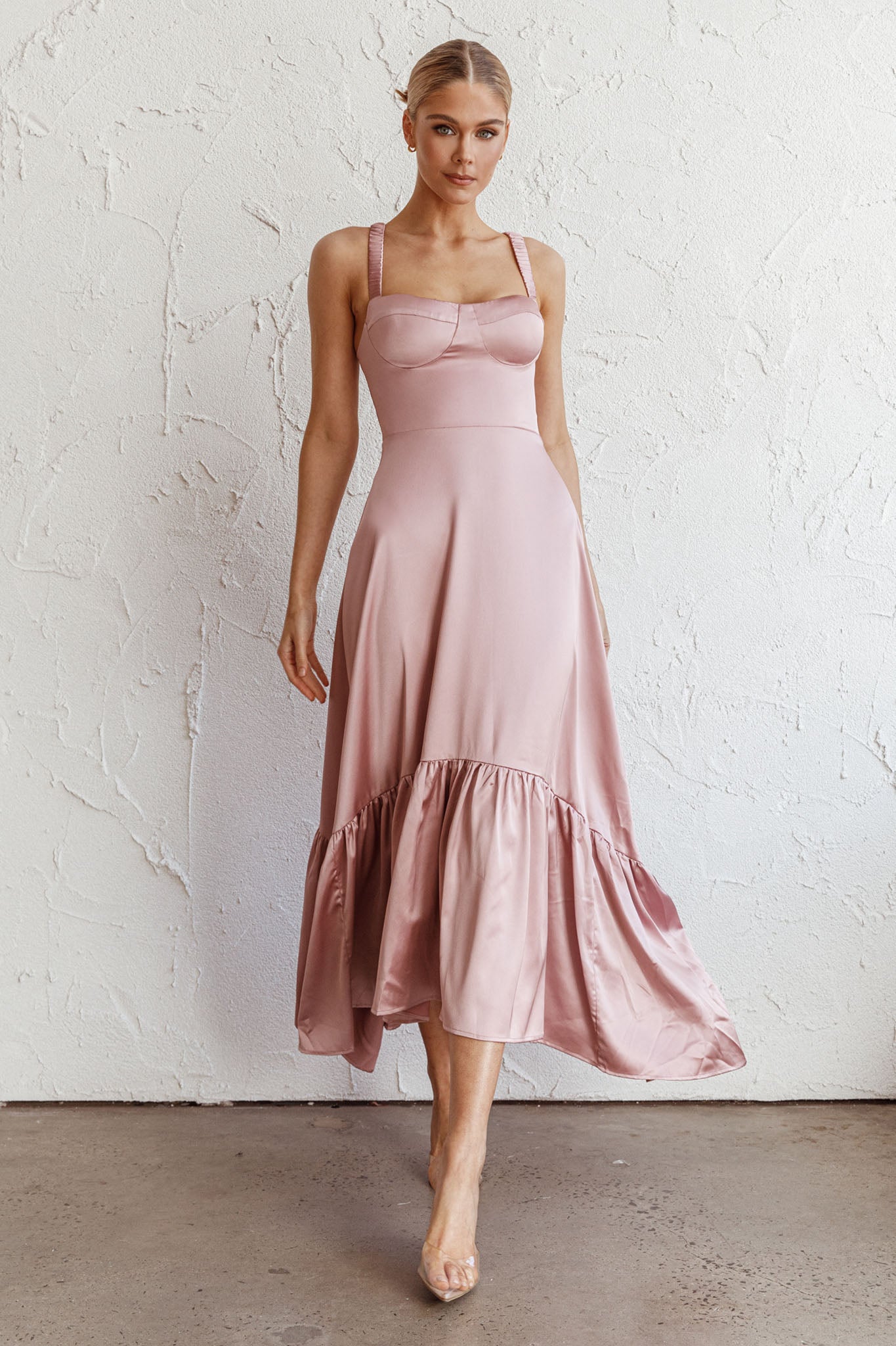 Belle De Jour Flounce Hem Midi Dress Blush by Selfie Leslie