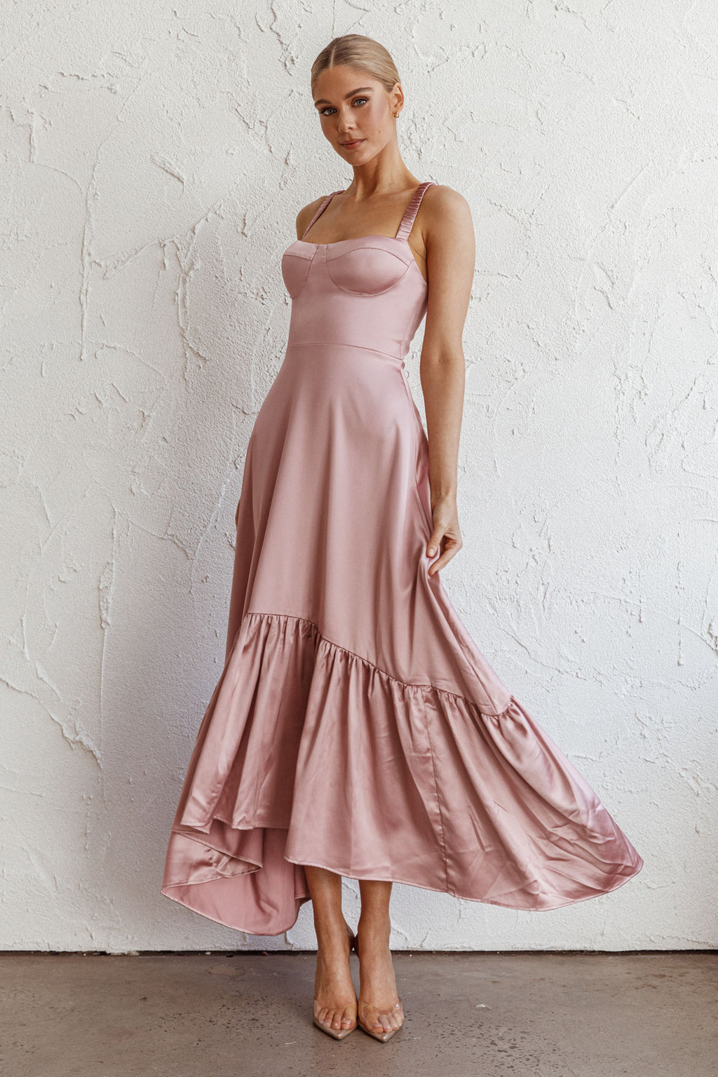 Belle De Jour Flounce Hem Midi Dress Blush by Selfie Leslie