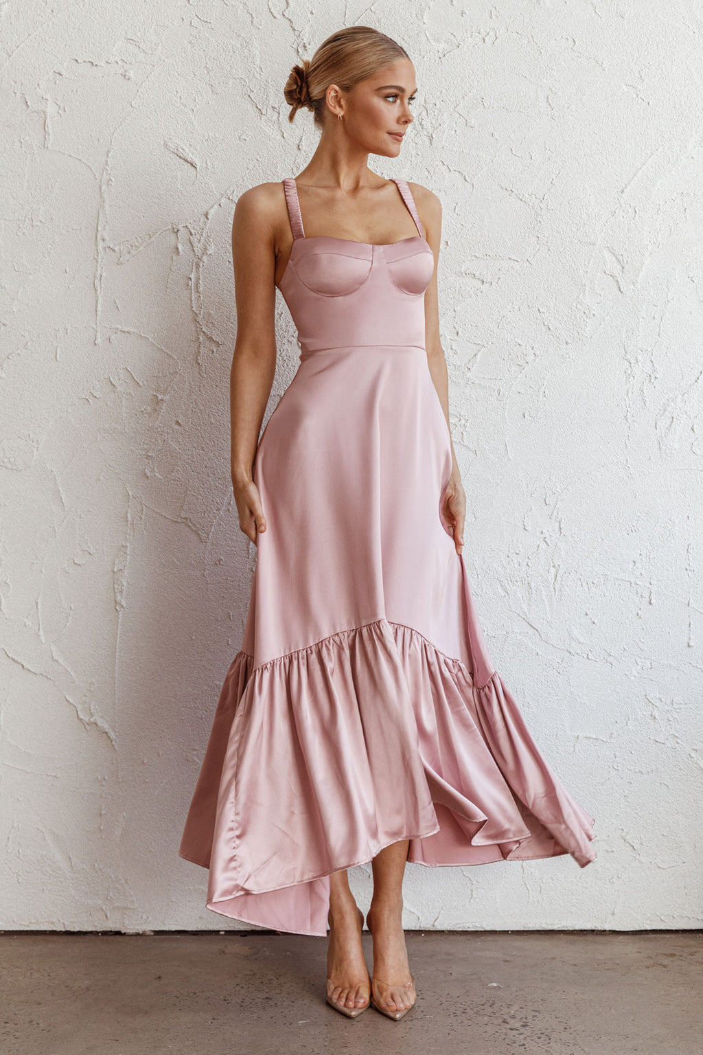 Belle De Jour Flounce Hem Midi Dress Blush by Selfie Leslie