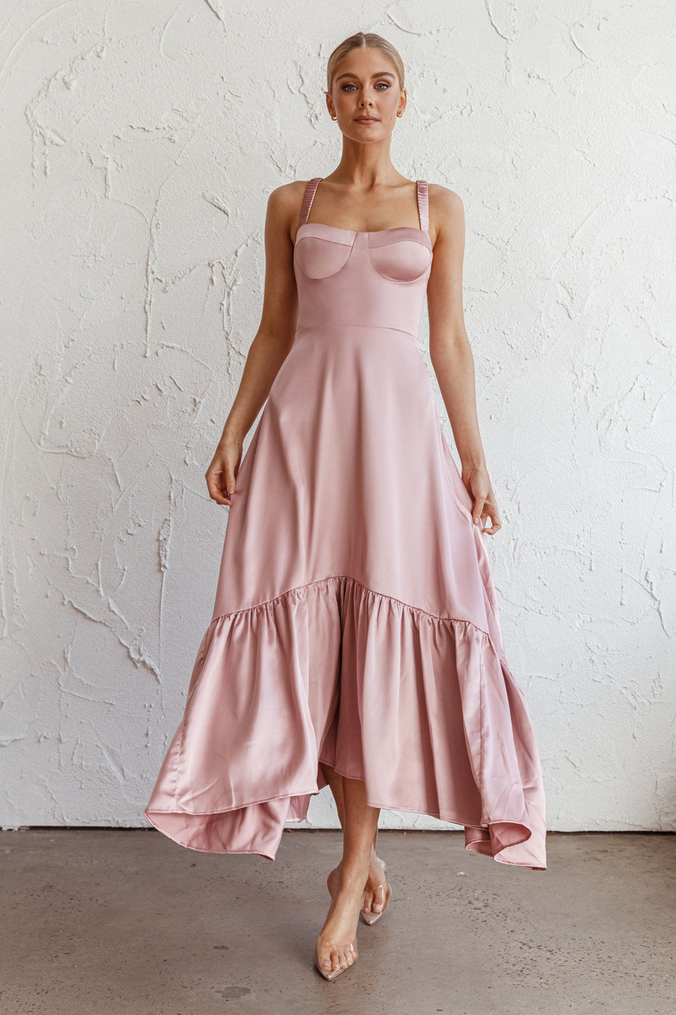 Belle De Jour Flounce Hem Midi Dress Blush by Selfie Leslie
