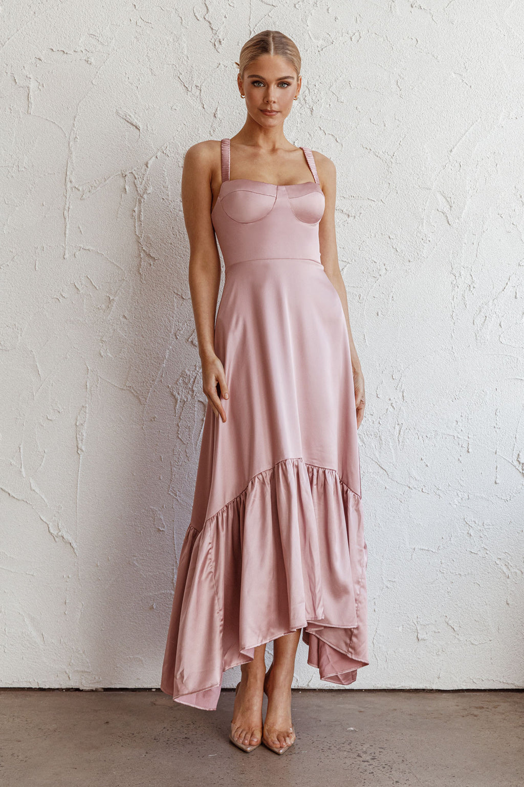 Belle De Jour Flounce Hem Midi Dress Blush by Selfie Leslie