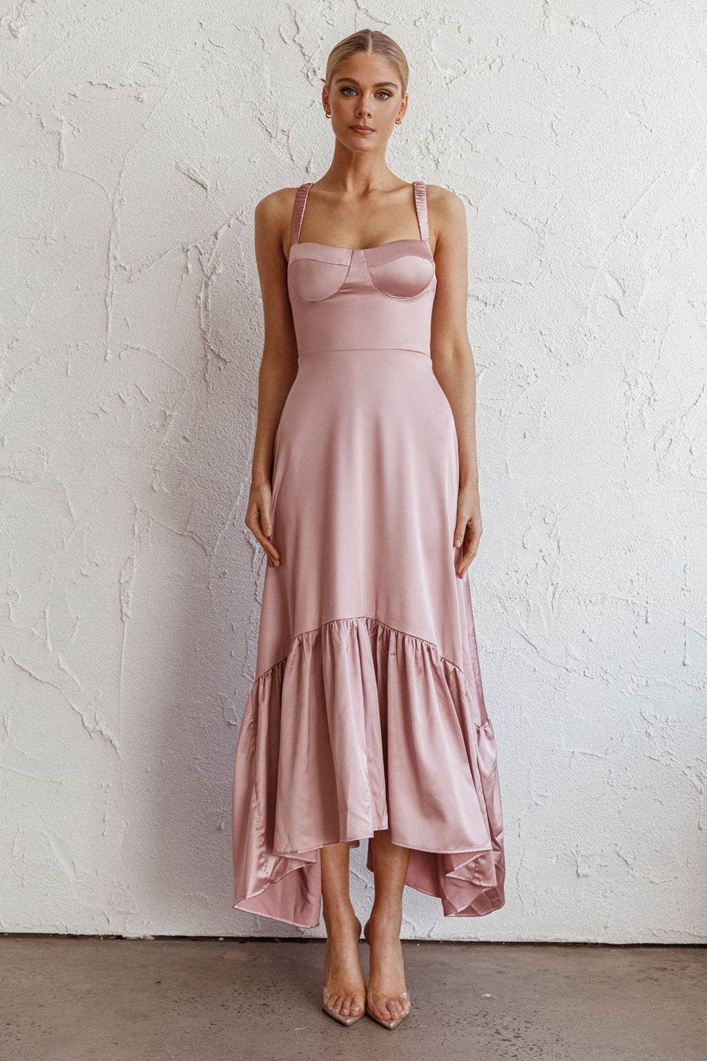 Belle De Jour Flounce Hem Midi Dress Blush by Selfie Leslie